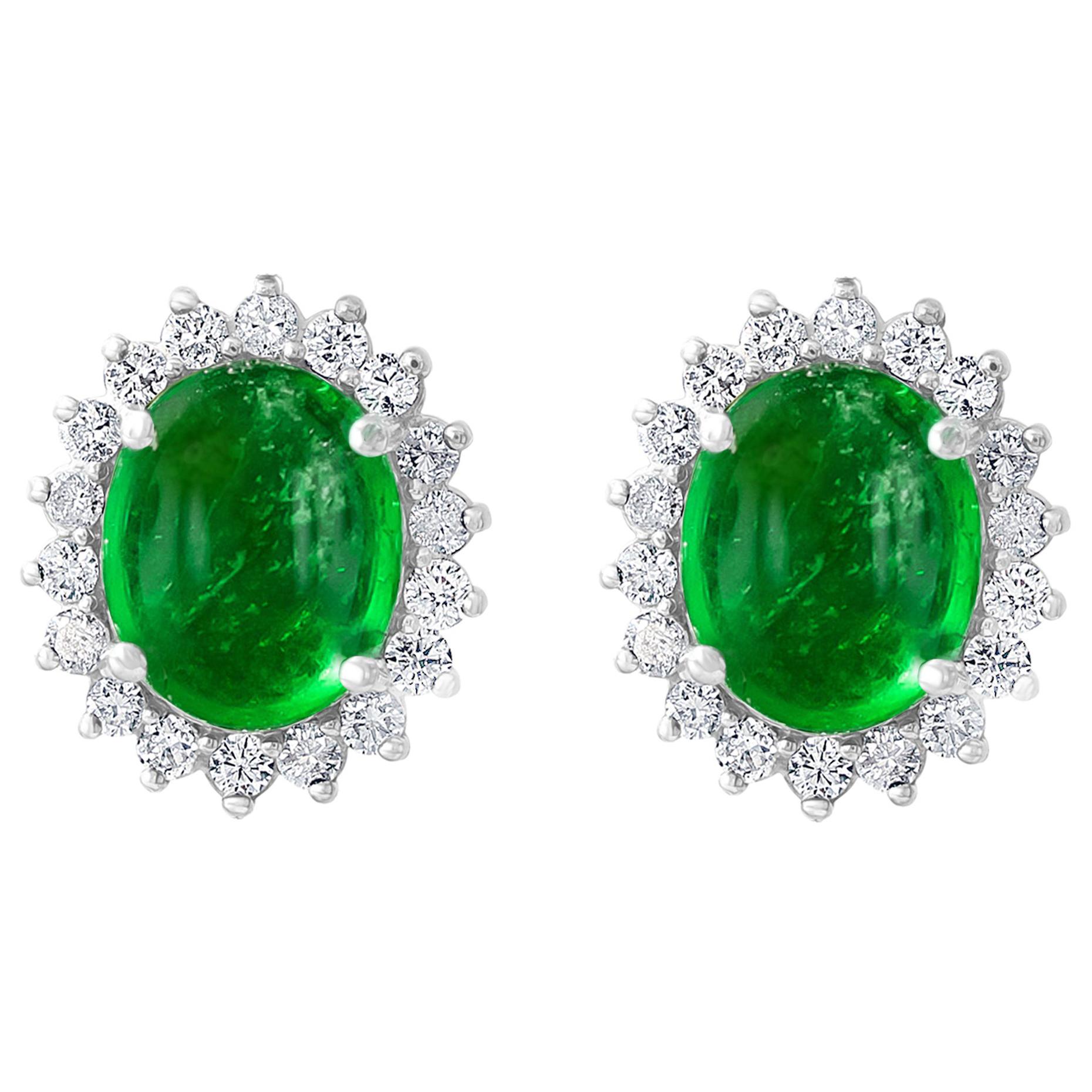 12 Ct Natural Emerald Zambia Cabochon & Diamond Stud Earring 14 Karat White Gold