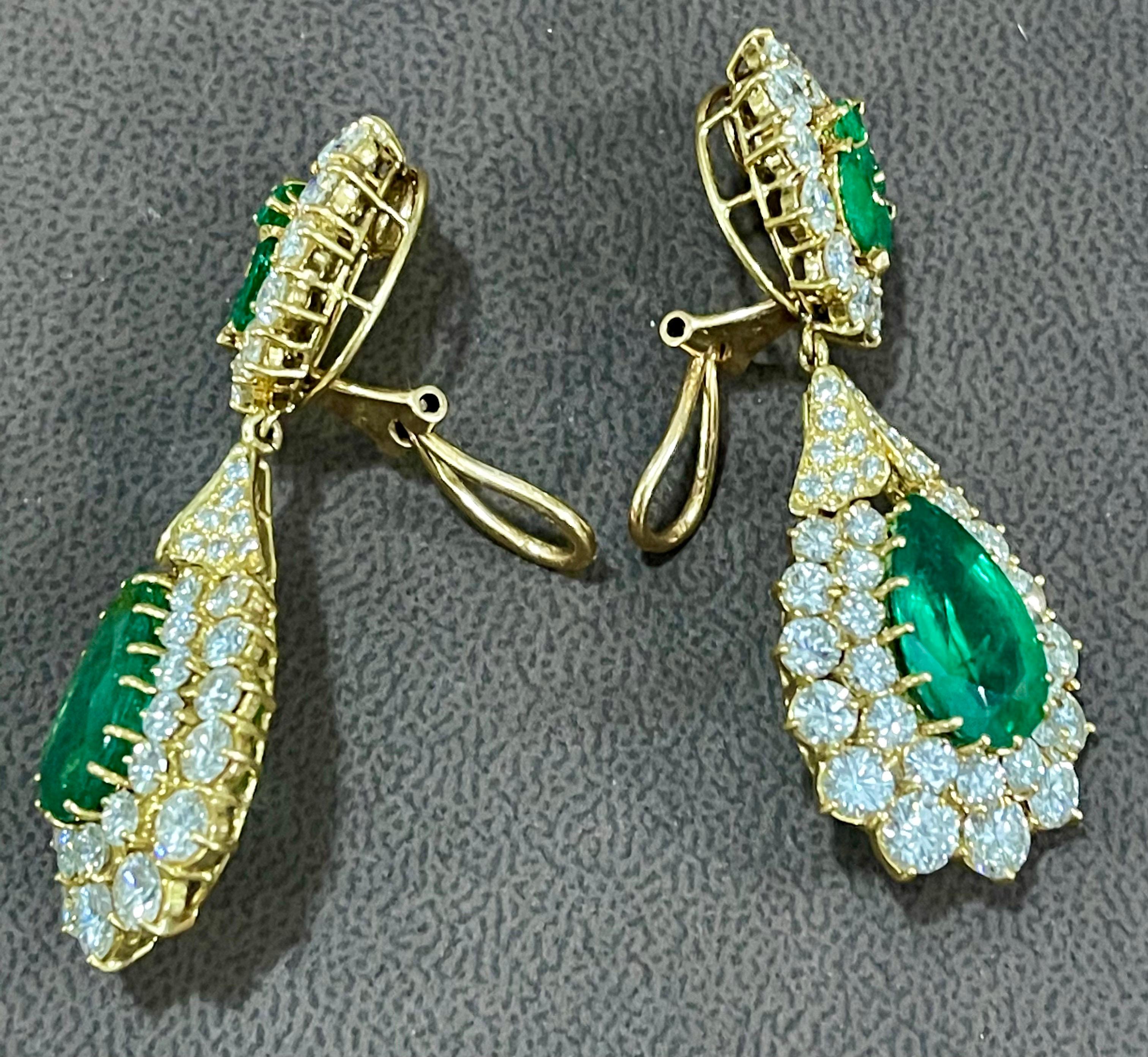 GIA Certified 12 Ct Pear Zambian Emerald & 18 Ct Diamonds Drop/Clip Earrings 18K 5