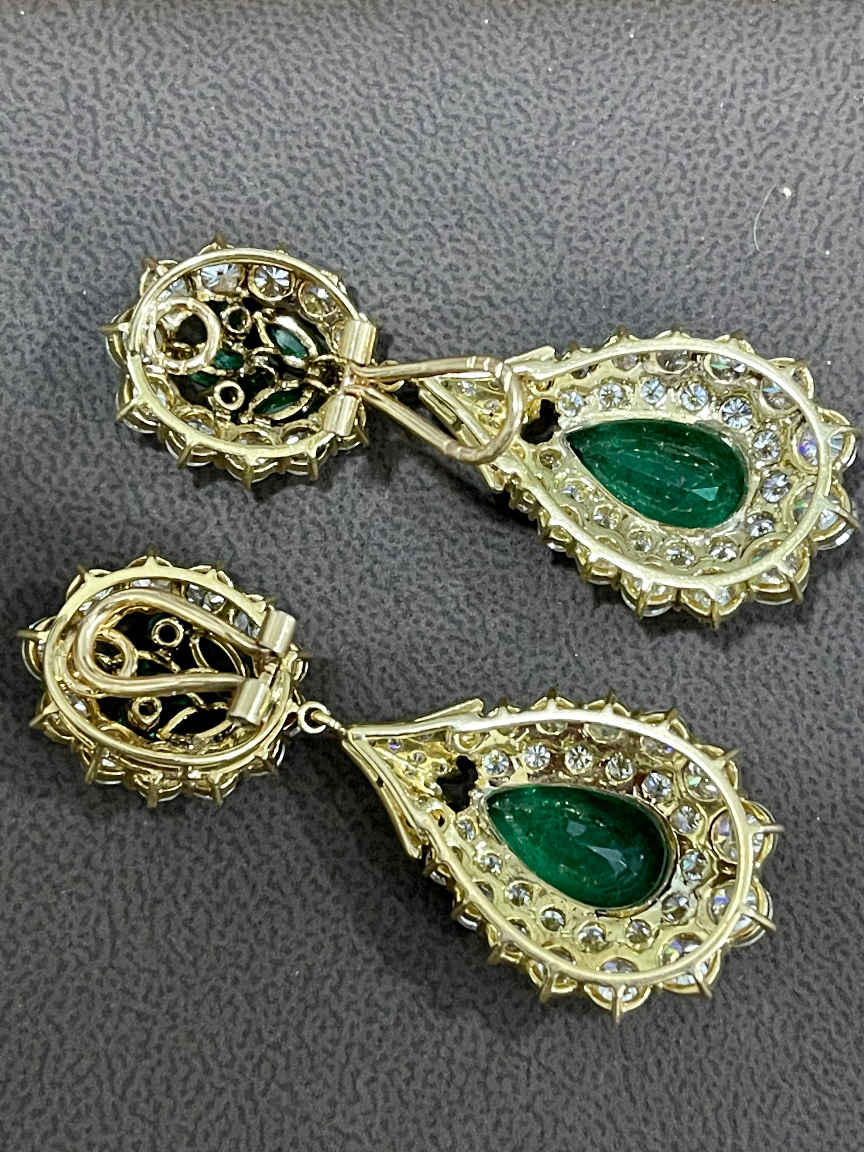 GIA Certified 12 Ct Pear Zambian Emerald & 18 Ct Diamonds Drop/Clip Earrings 18K 6