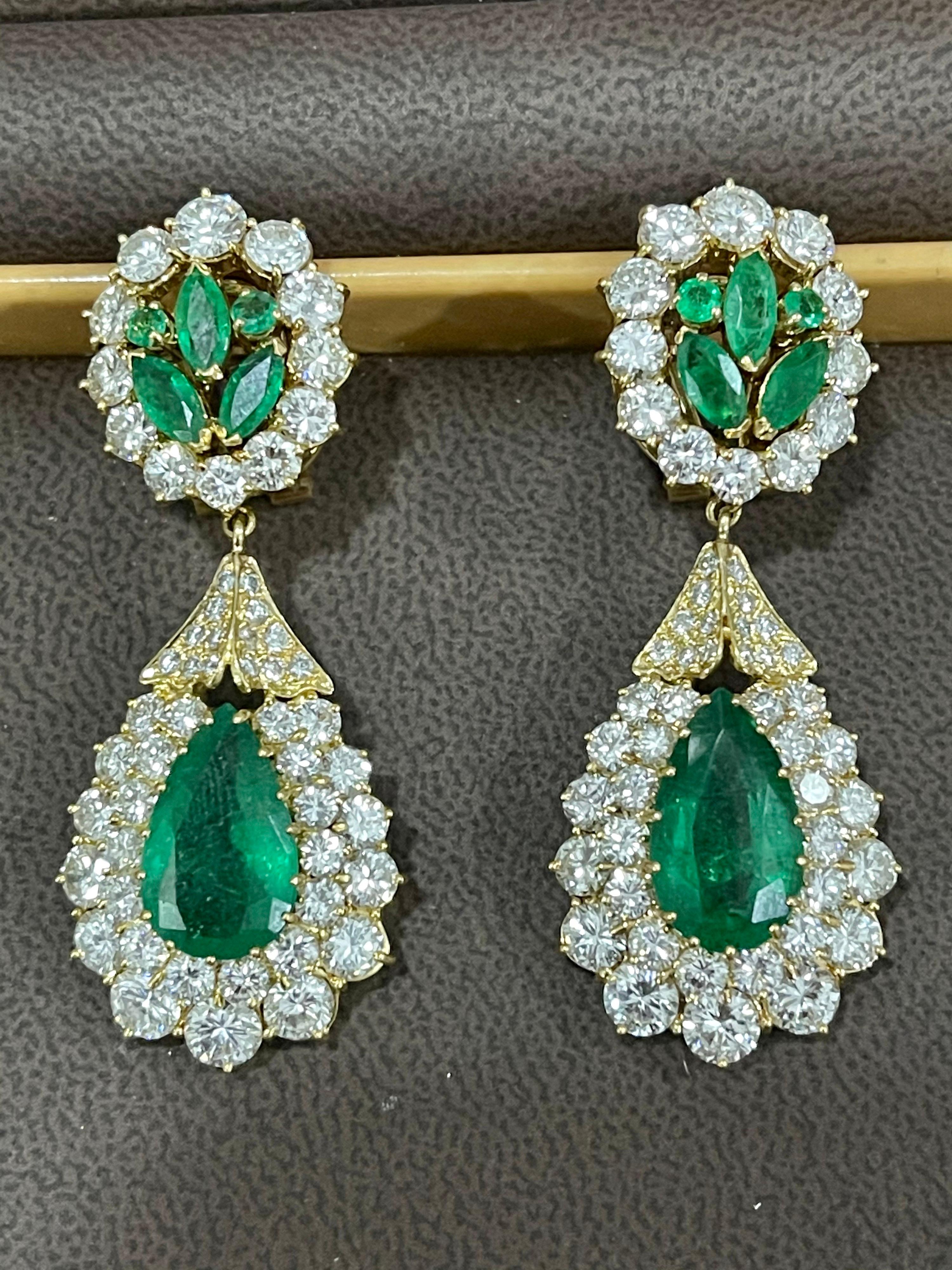 GIA Certified 12 Ct Pear Zambian Emerald & 18 Ct Diamonds Drop/Clip Earrings 18K 7