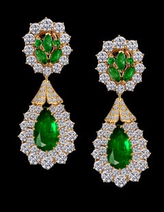 GIA Certified 12 Ct Pear Zambian Emerald & 18 Ct Diamonds Drop/Clip Earrings 18K