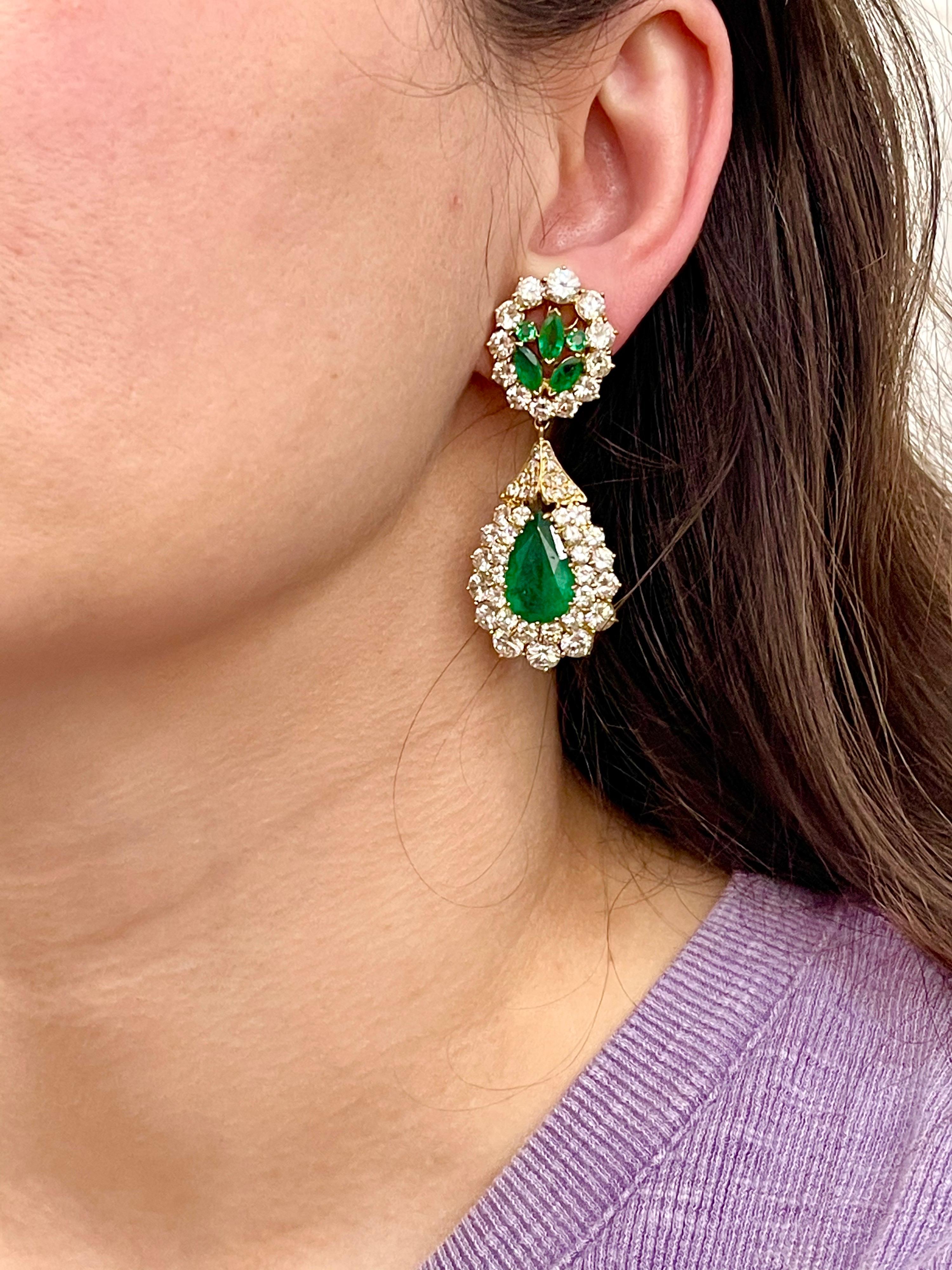 Women's GIA Certified 12 Ct Pear Zambian Emerald & 18 Ct Diamonds Drop/Clip Earrings 18K