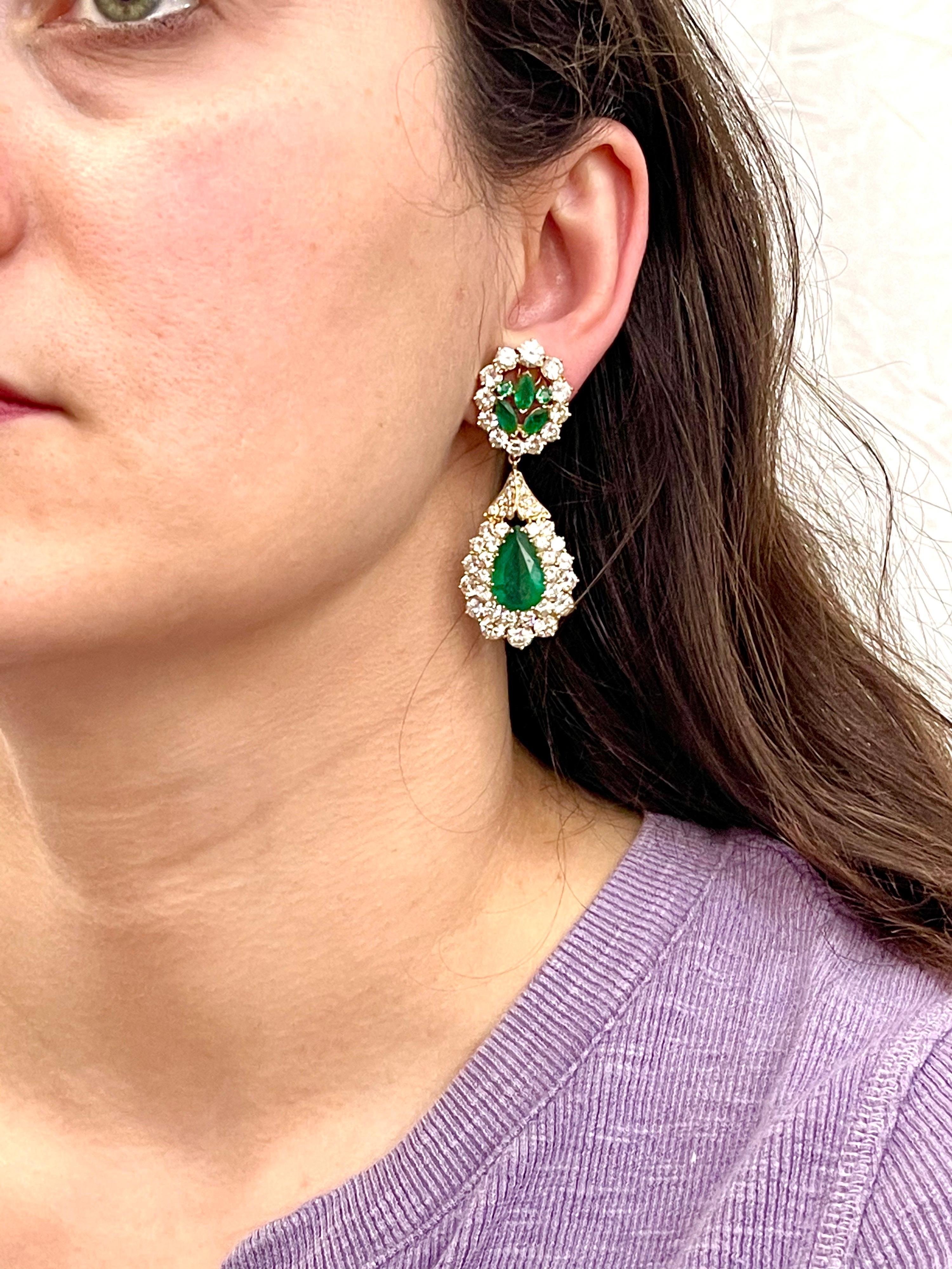 GIA Certified 12 Ct Pear Zambian Emerald & 18 Ct Diamonds Drop/Clip Earrings 18K 1