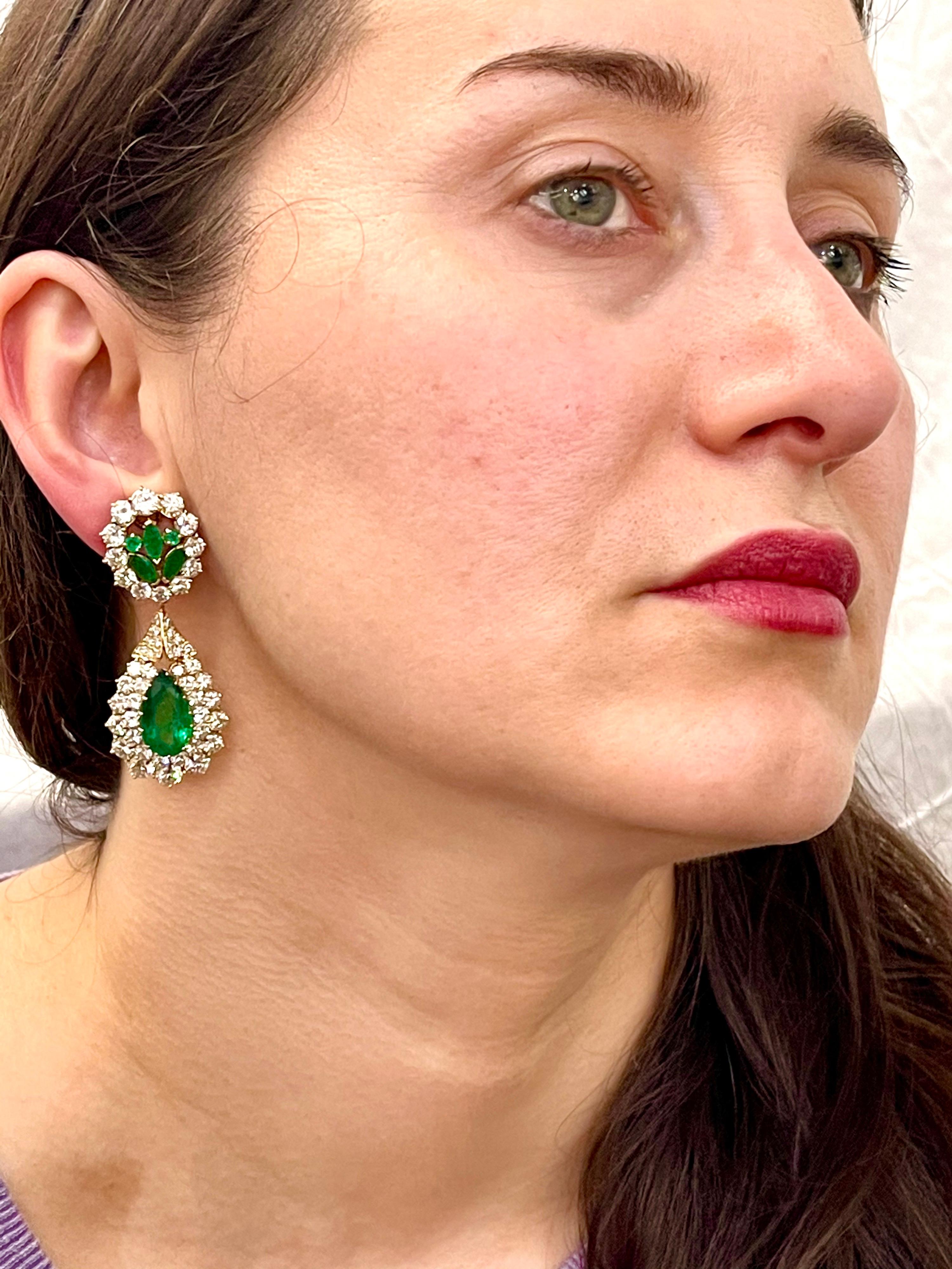 GIA Certified 12 Ct Pear Zambian Emerald & 18 Ct Diamonds Drop/Clip Earrings 18K 2