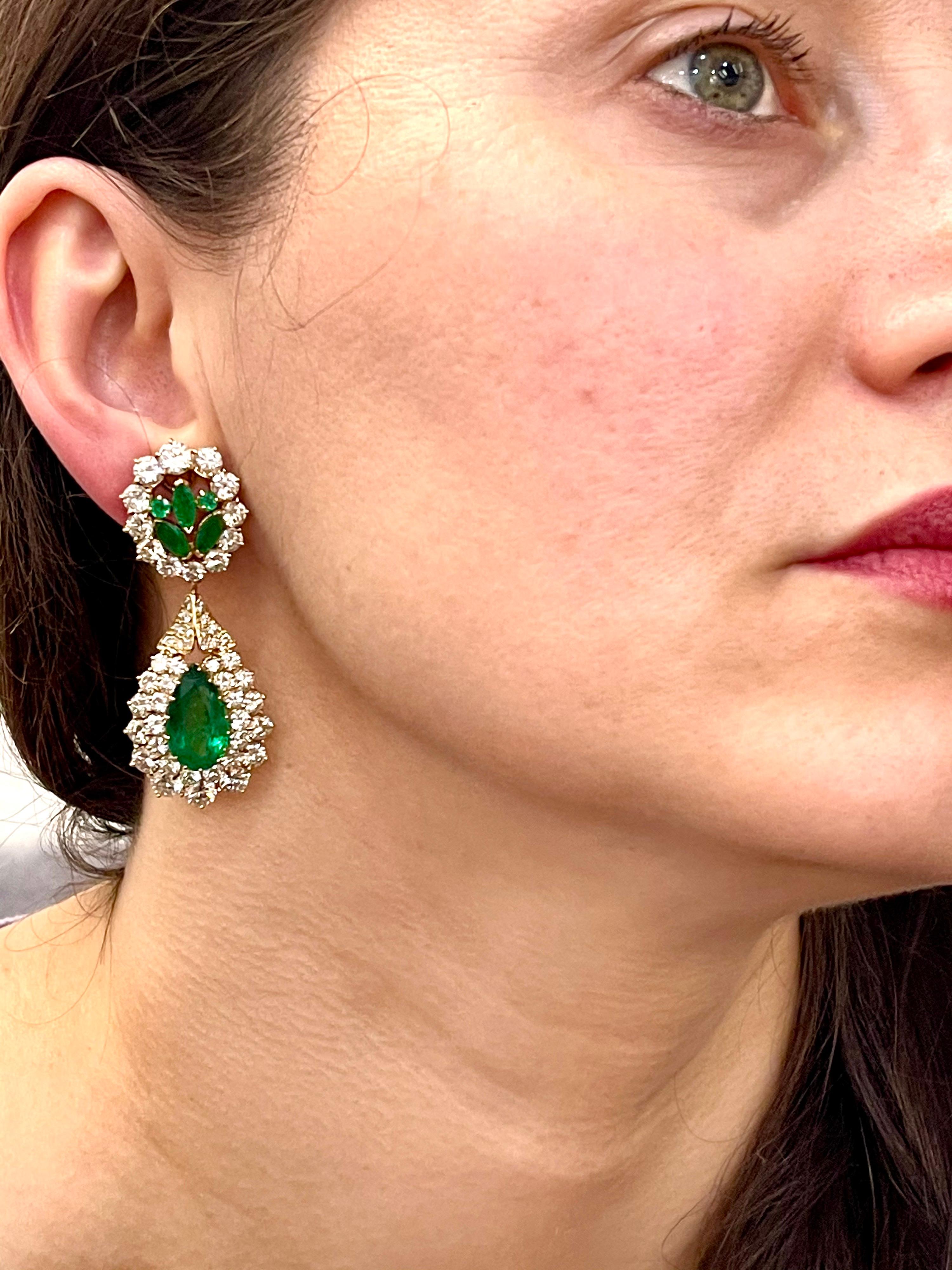 GIA Certified 12 Ct Pear Zambian Emerald & 18 Ct Diamonds Drop/Clip Earrings 18K 3