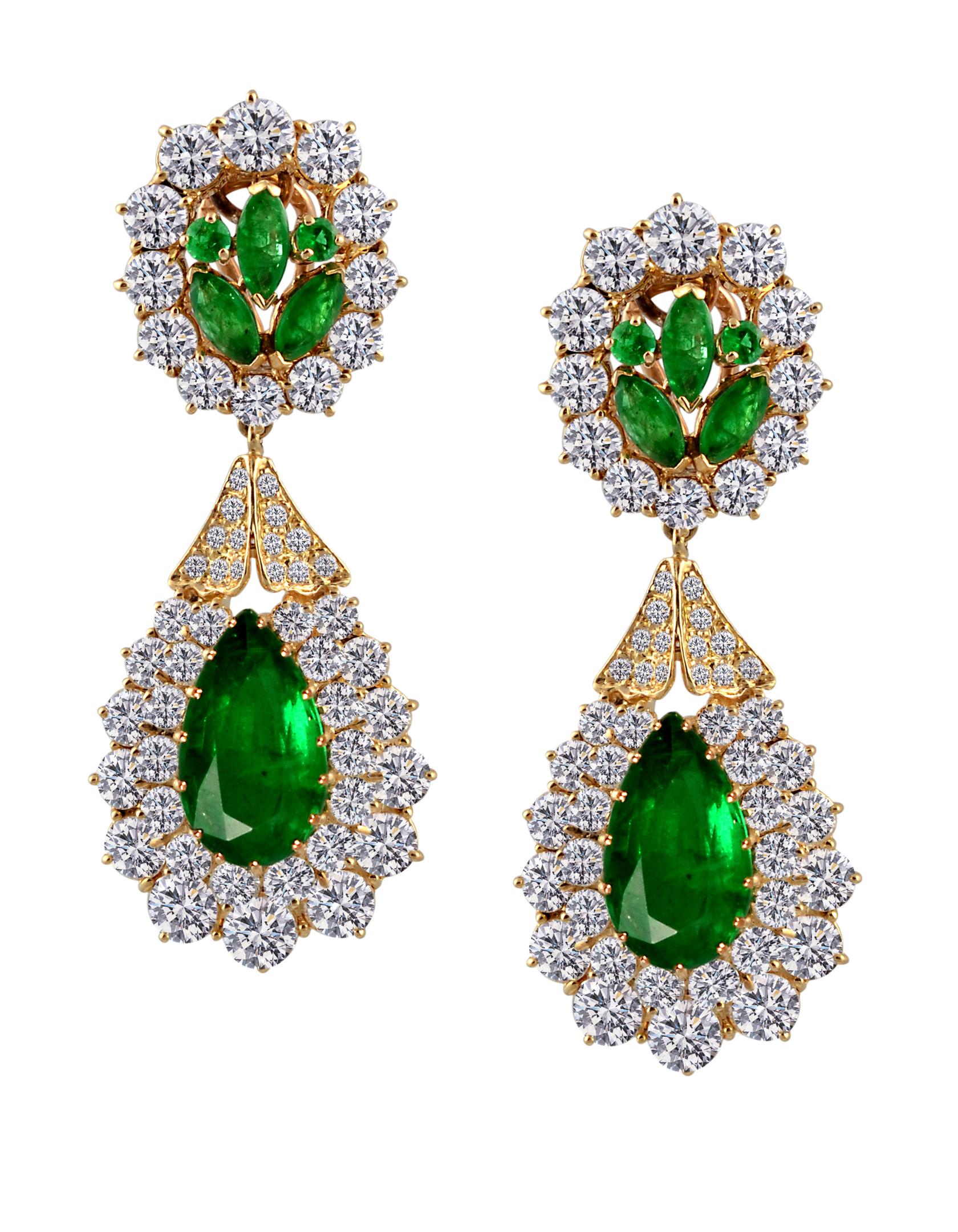 GIA Certified 12 Ct Pear Zambian Emerald & 18 Ct Diamonds Drop/Clip Earrings 18K 4