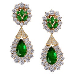 GIA Certified 12 Ct Pear Zambian Emerald & 18 Ct Diamonds Drop/Clip Earrings 18K