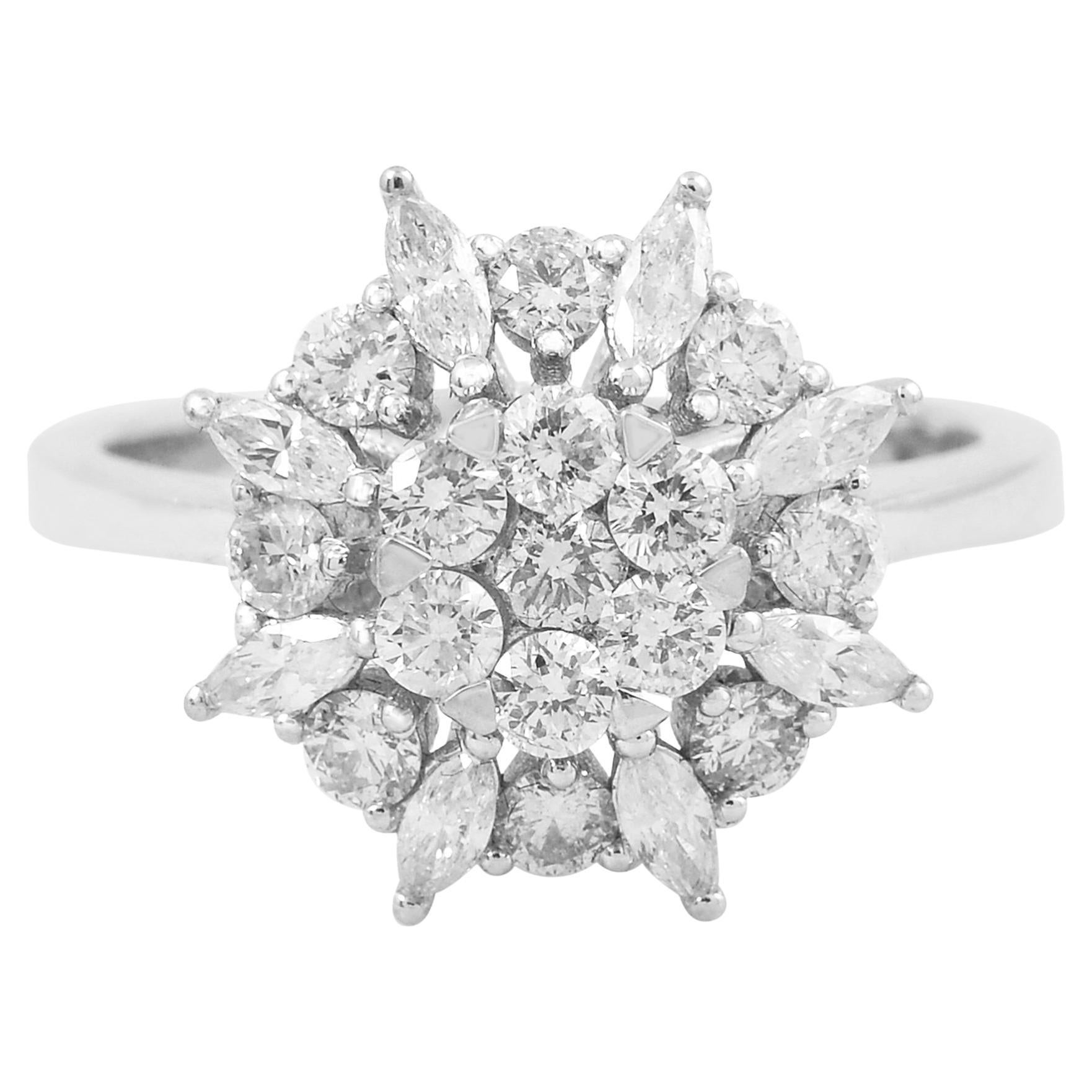 1.2ct Round Marquise Diamond Cocktail Ring 18 Karat White Gold Handmade Jewelry