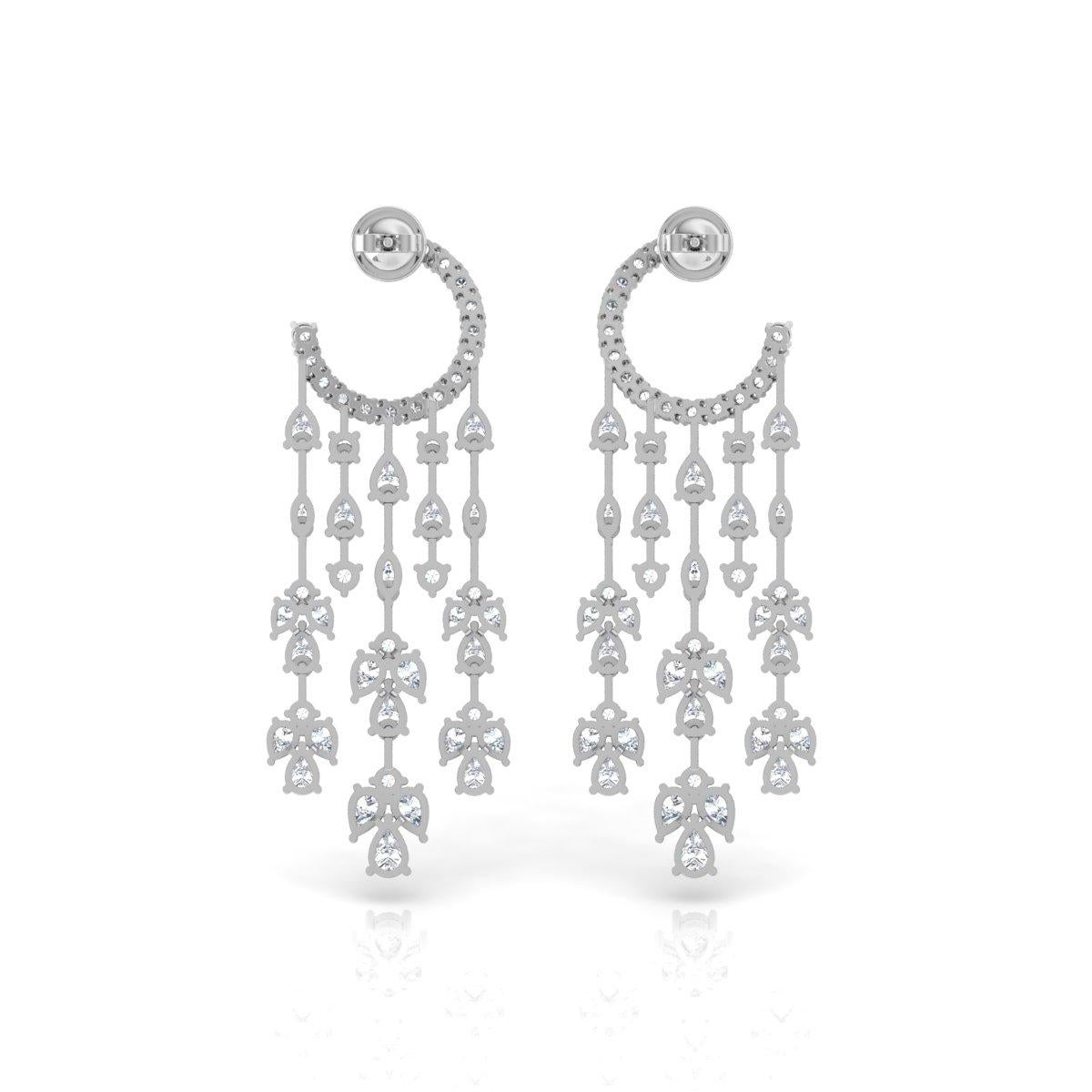 Women's 12 Ct. SI/HI Pear Diamond Crescent Moon Chandelier Earrings 14 Karat White Gold For Sale