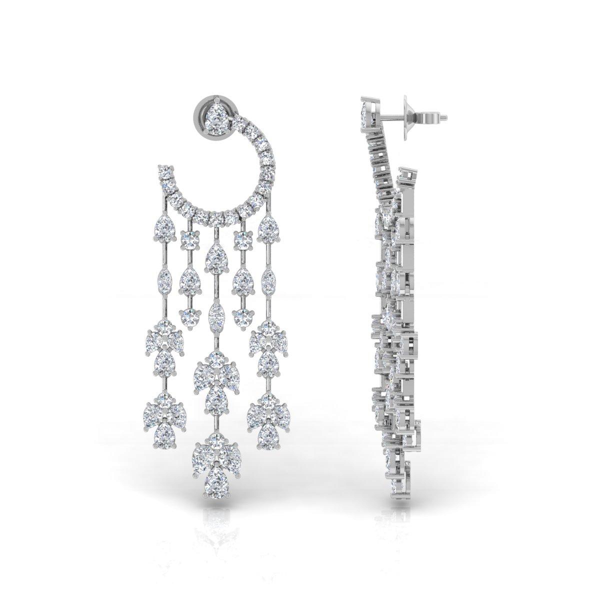 12 Ct. SI/HI Pear Diamond Crescent Moon Chandelier Earrings 14 Karat White Gold For Sale 2