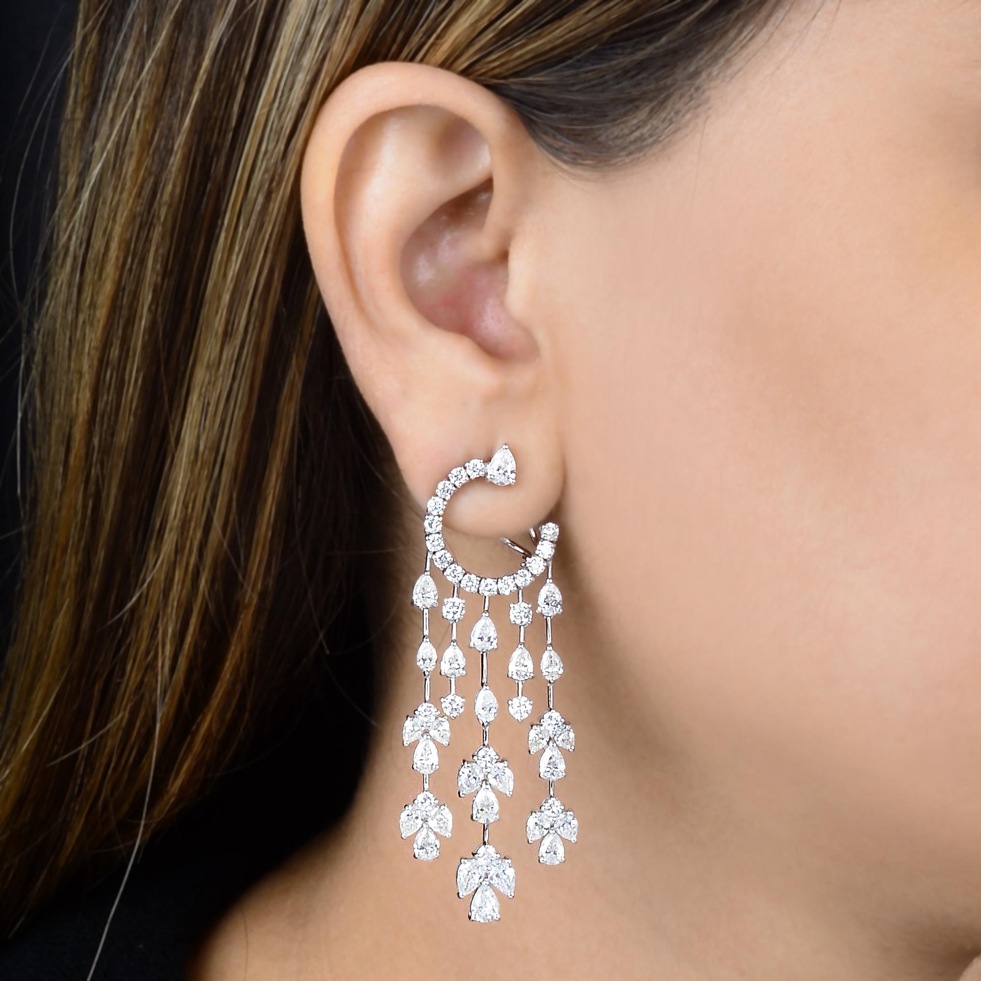 Pear Cut 12 Ct. SI/HI Pear Diamond Crescent Moon Chandelier Earrings 18 Karat White Gold For Sale