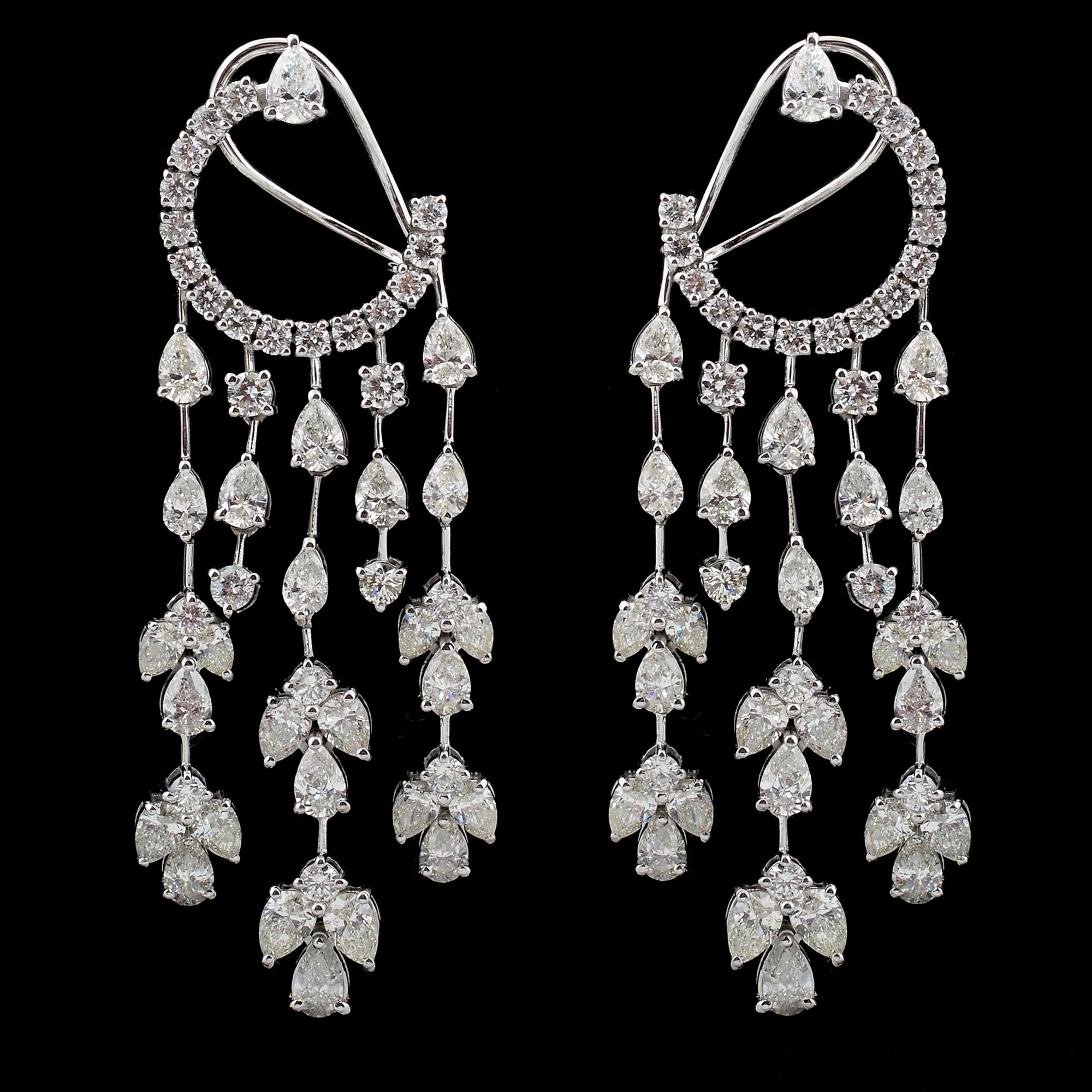 Women's 12 Ct. SI/HI Pear Diamond Crescent Moon Chandelier Earrings 18 Karat White Gold For Sale