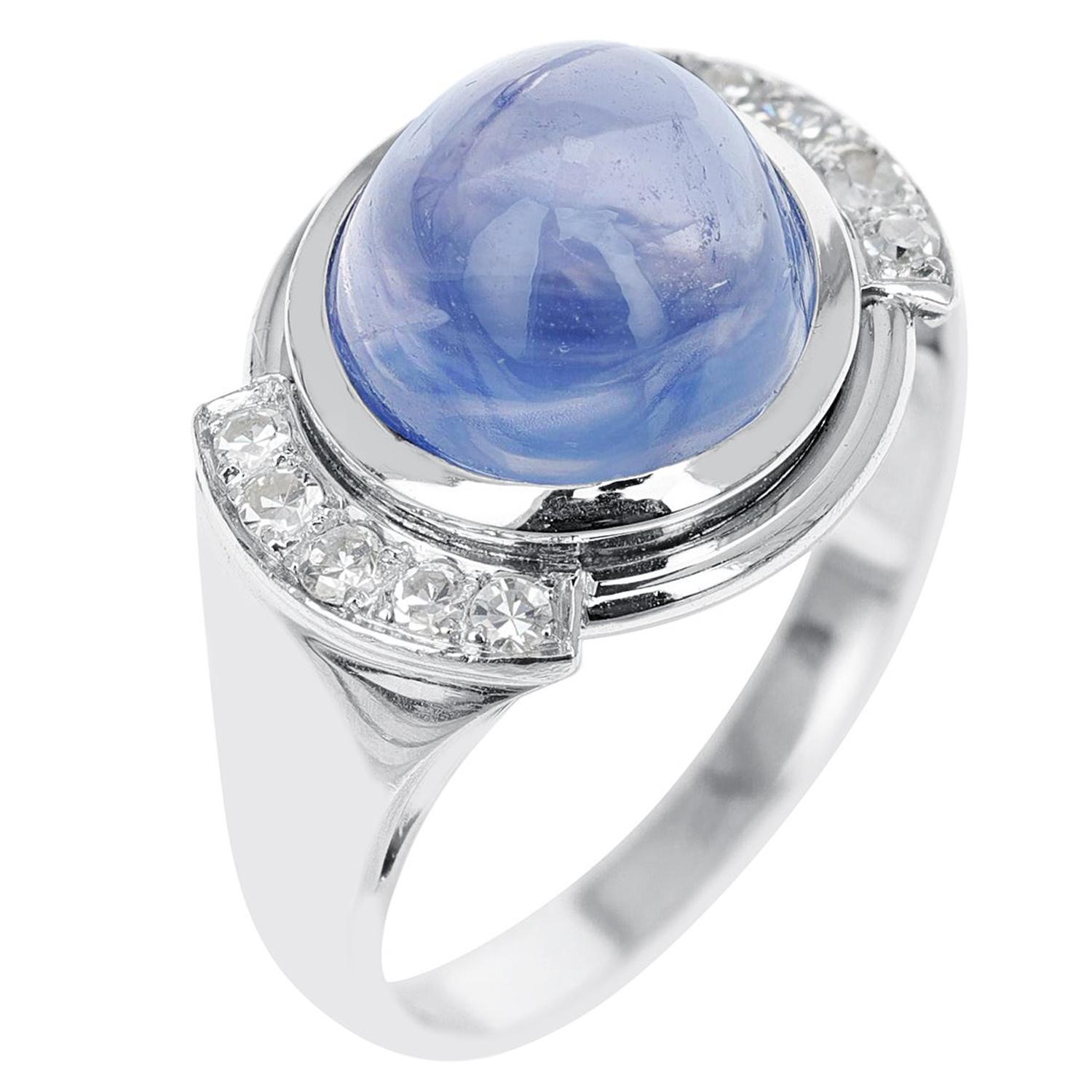 12 Ct Unheated Ceylon Sapphire Cabochon Ring with Diamonds, Paperwork Incl.