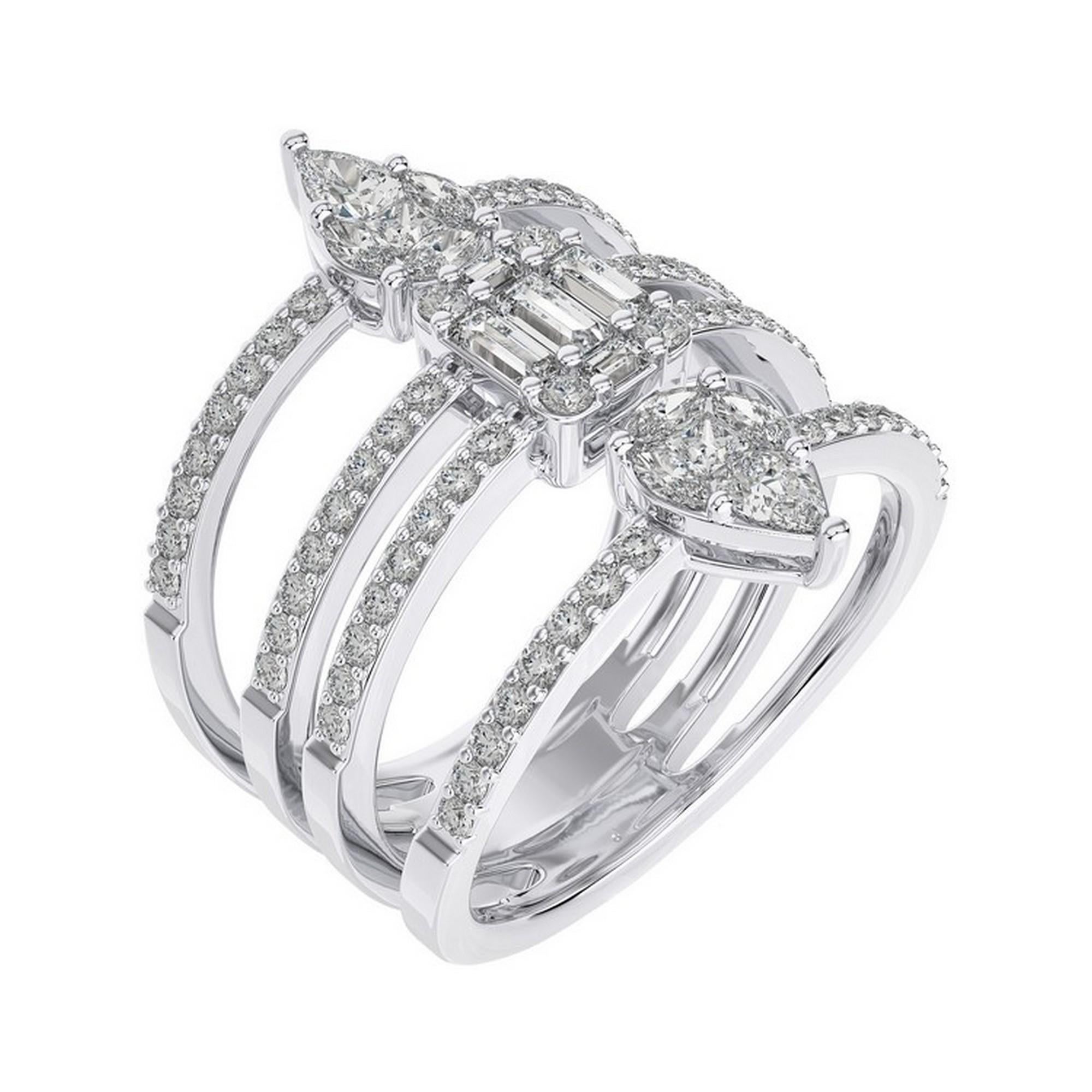 This elegant and classy ring from the Gazebo Collection showcases a stunning combination of marquise, baguette, and princess cut diamonds, with a total carat weight (CTW) of 1.2 carats. These three distinct diamond cuts are artfully arranged to