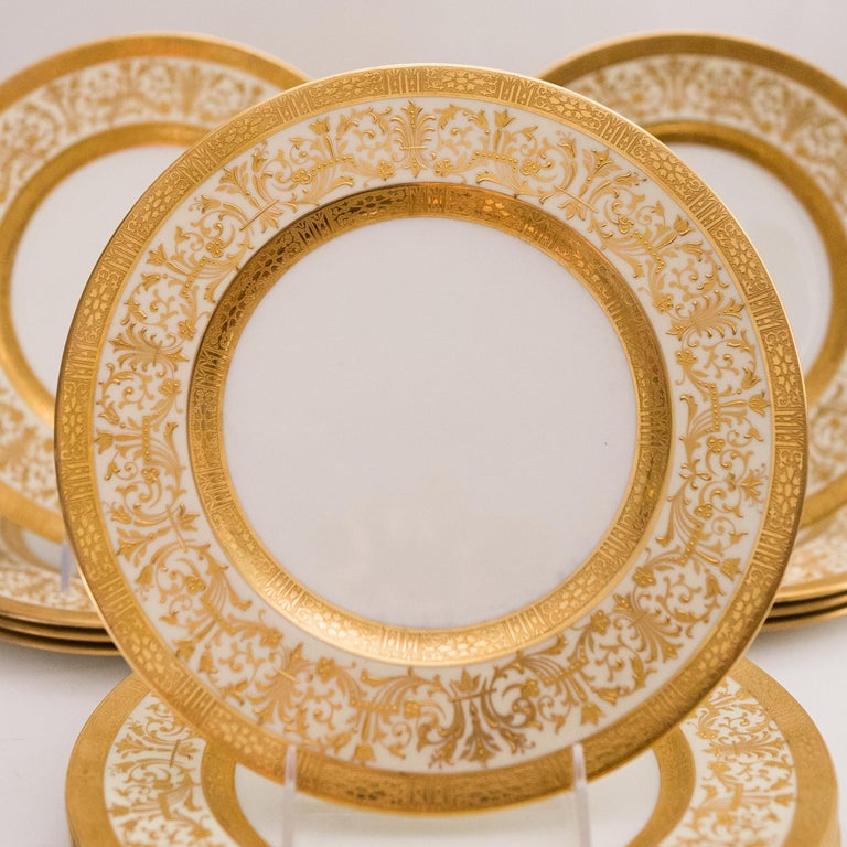 12 Custom Antique English Gilt Encrusted Dinner Plates, Circa 1910