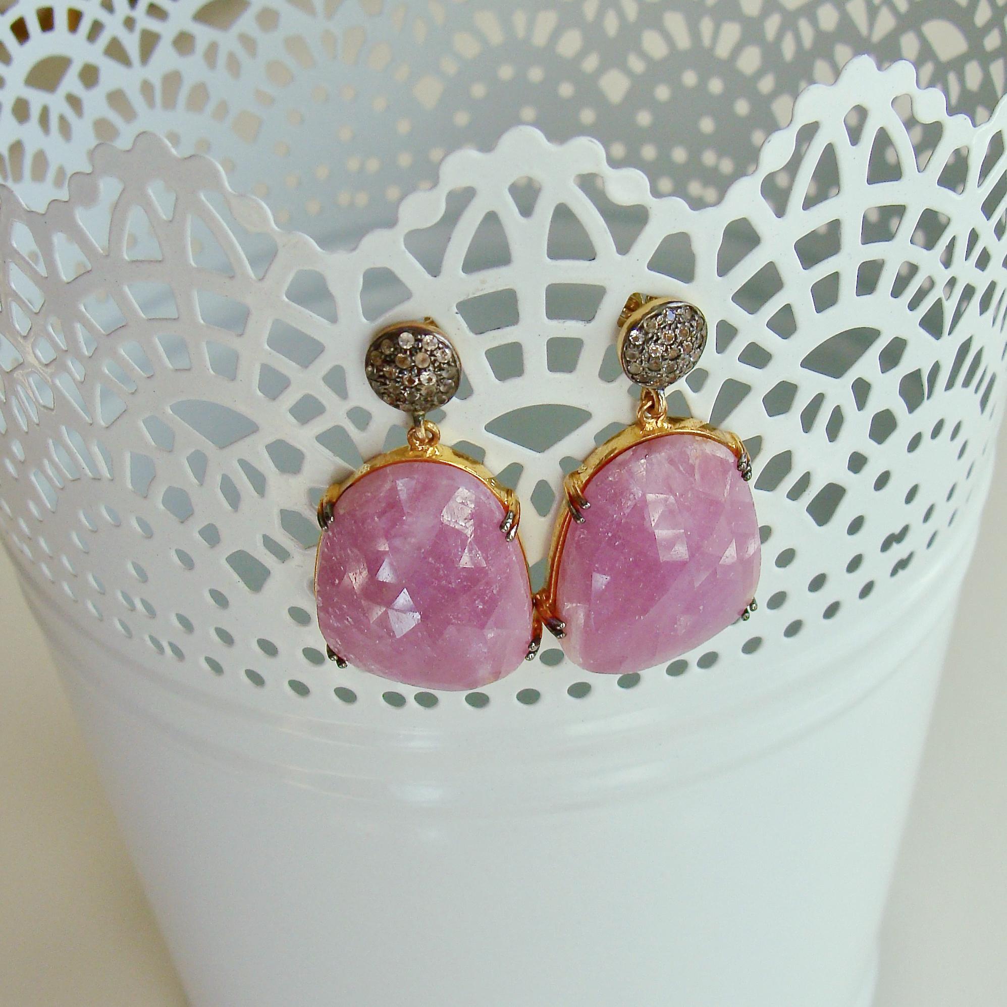 Artisan 12 Days of Christmas - Pink Sapphire w White Topaz Post - Sapphire Earrings