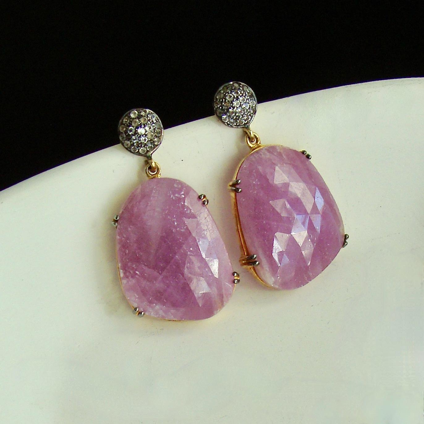 Rough Cut 12 Days of Christmas - Pink Sapphire w White Topaz Post - Sapphire Earrings