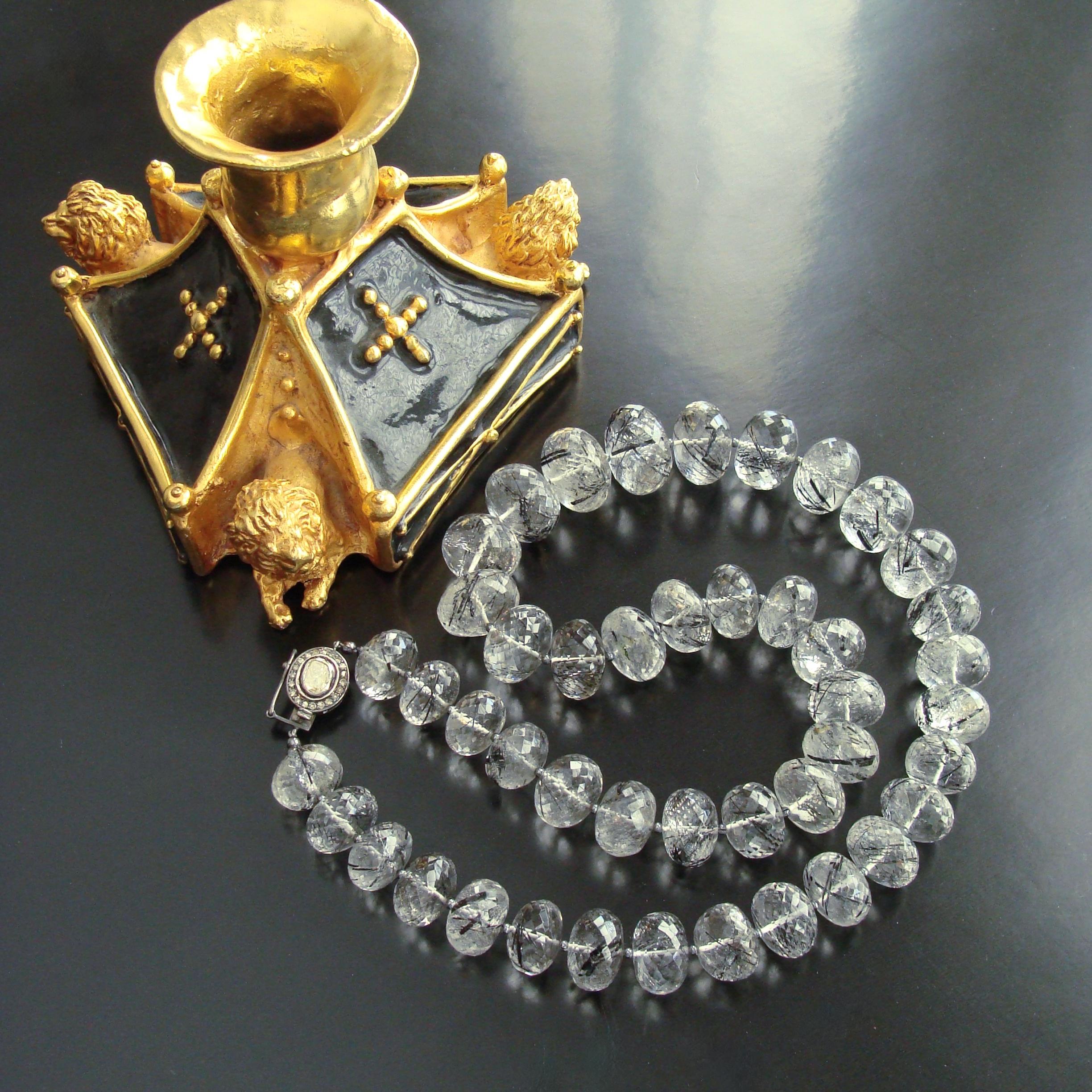Rough Cut 12 Days of Christmas - Tourmilated Quartz & Polki Diamond Matinee Necklace For Sale