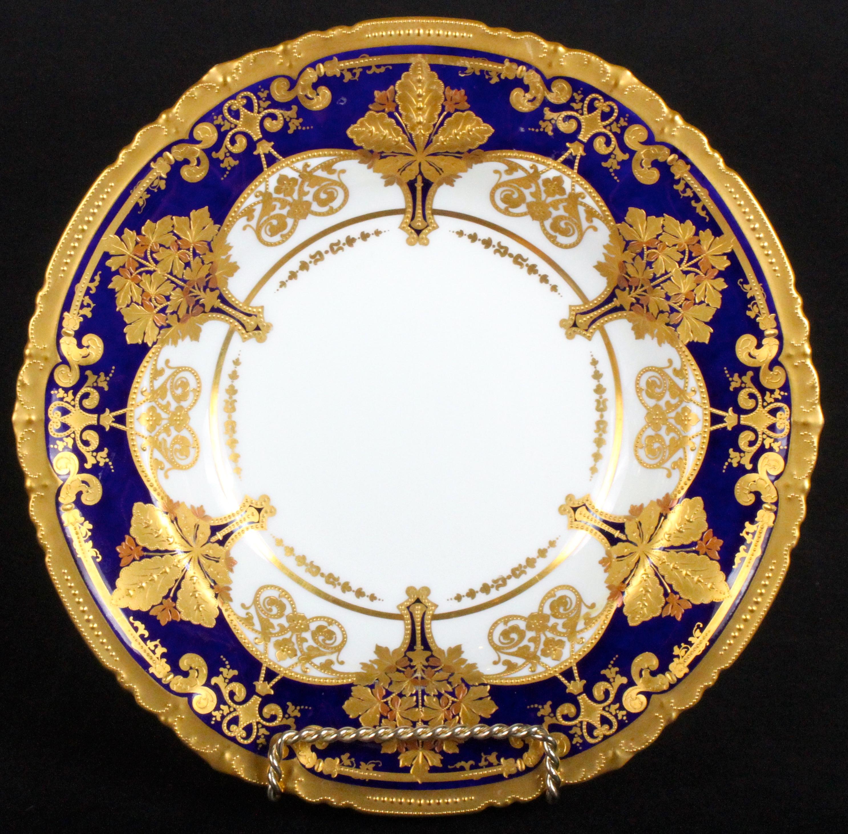 Art Nouveau 12 Derby for Tiffany Cobalt Blue Soup Plates with Elaborate 2-Color Gilding For Sale