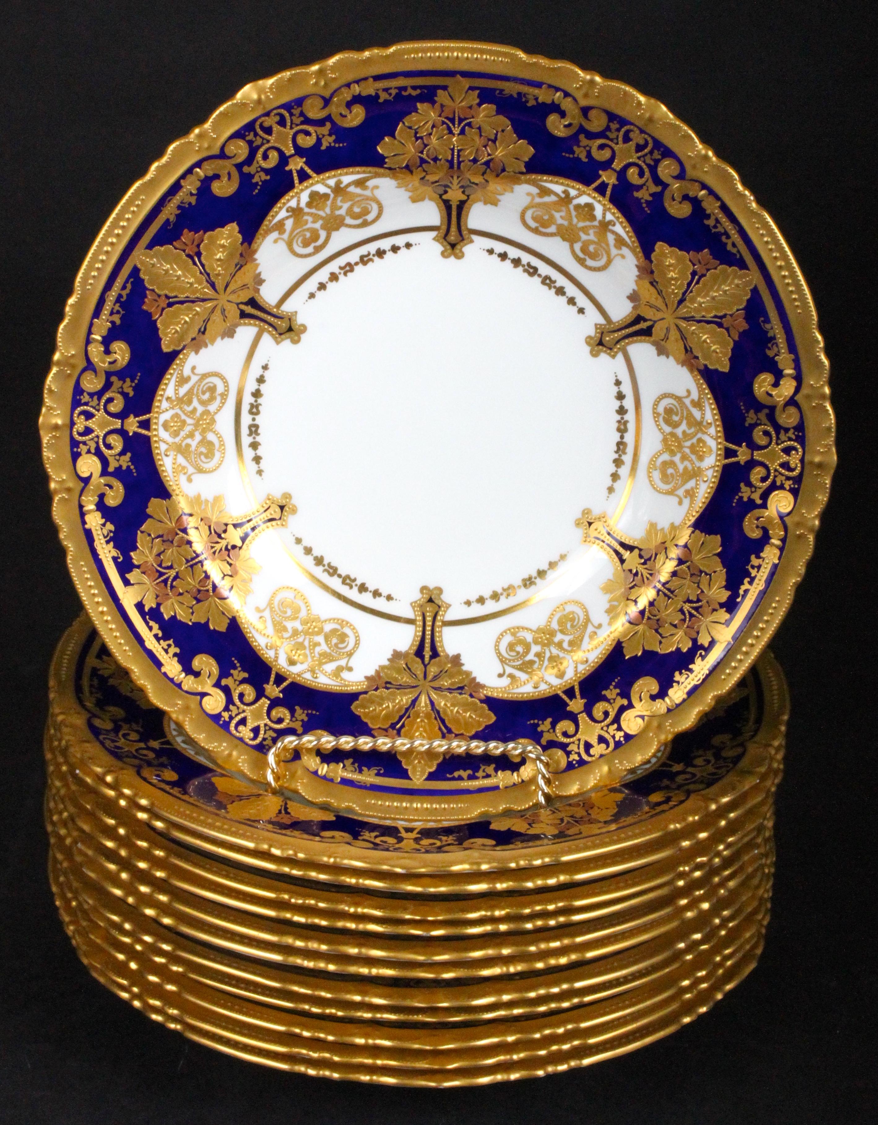 12 Derby for Tiffany Cobalt Blue Soup Plates with Elaborate 2-Color Gilding In Excellent Condition For Sale In New York, NY