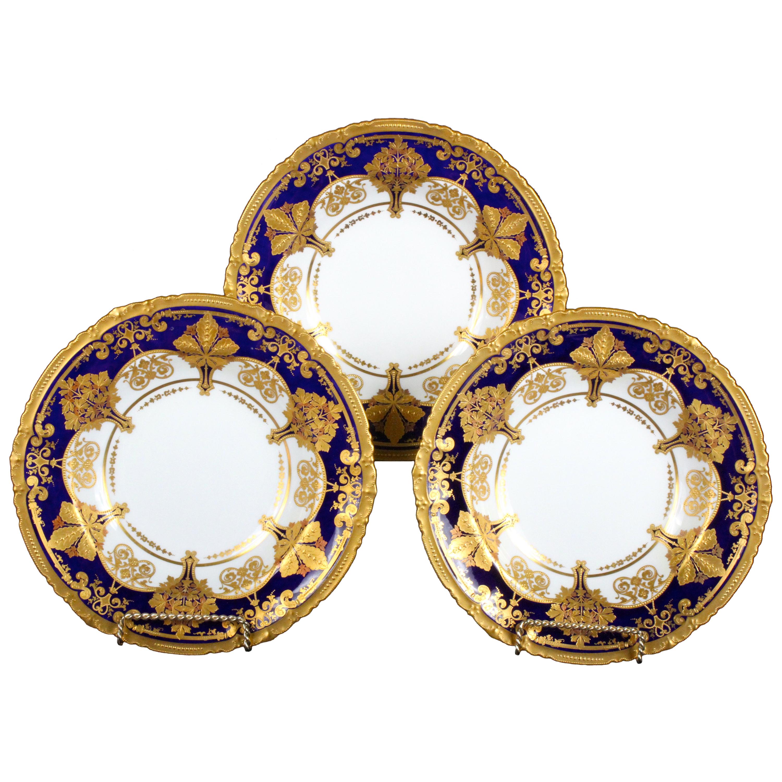12 Derby for Tiffany Cobalt Blue Soup Plates with Elaborate 2-Color Gilding For Sale