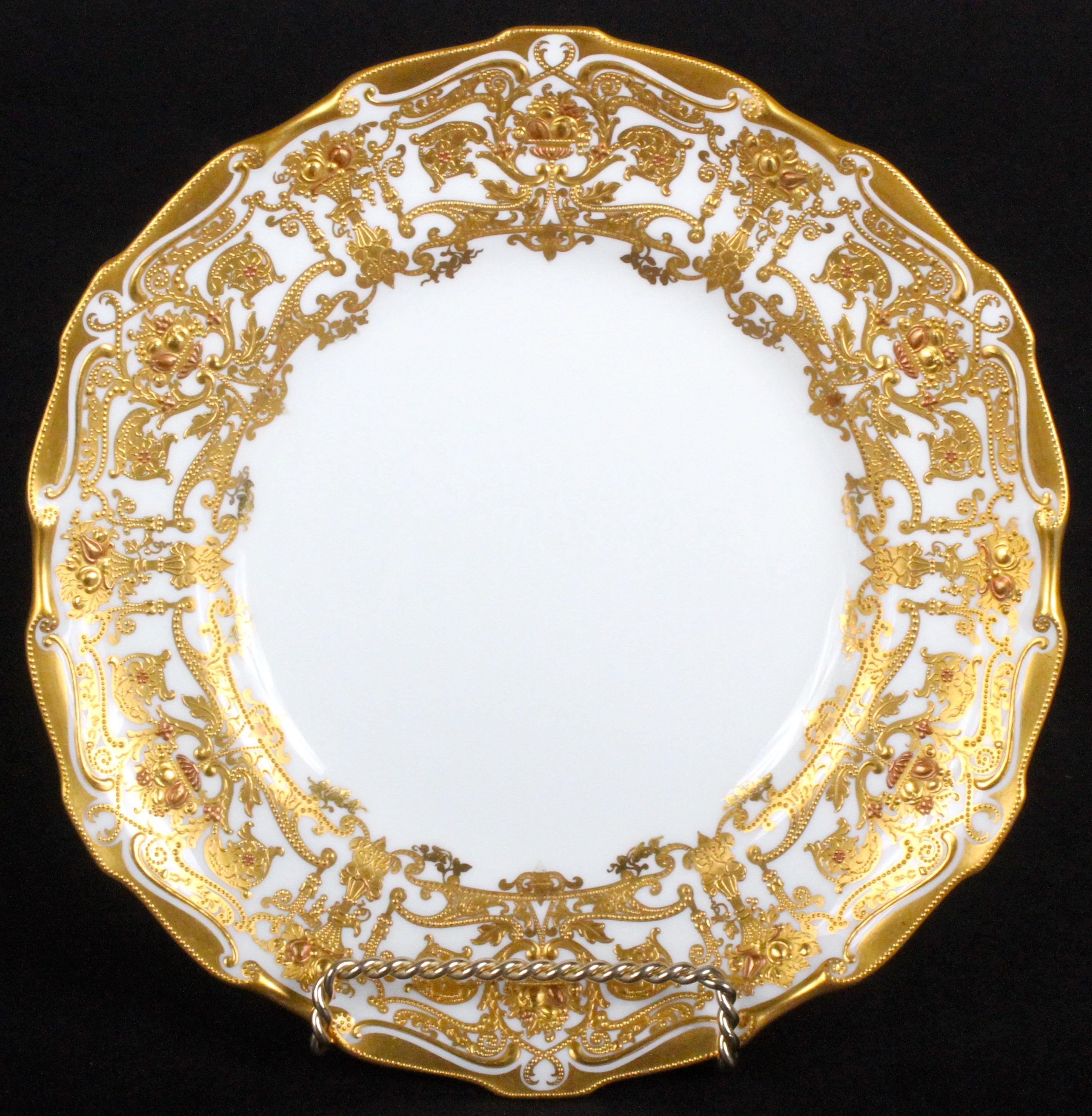 Neoclassical 12 Derby Salad or Dessert Pates with Elaborate 2-Color Gilding For Sale