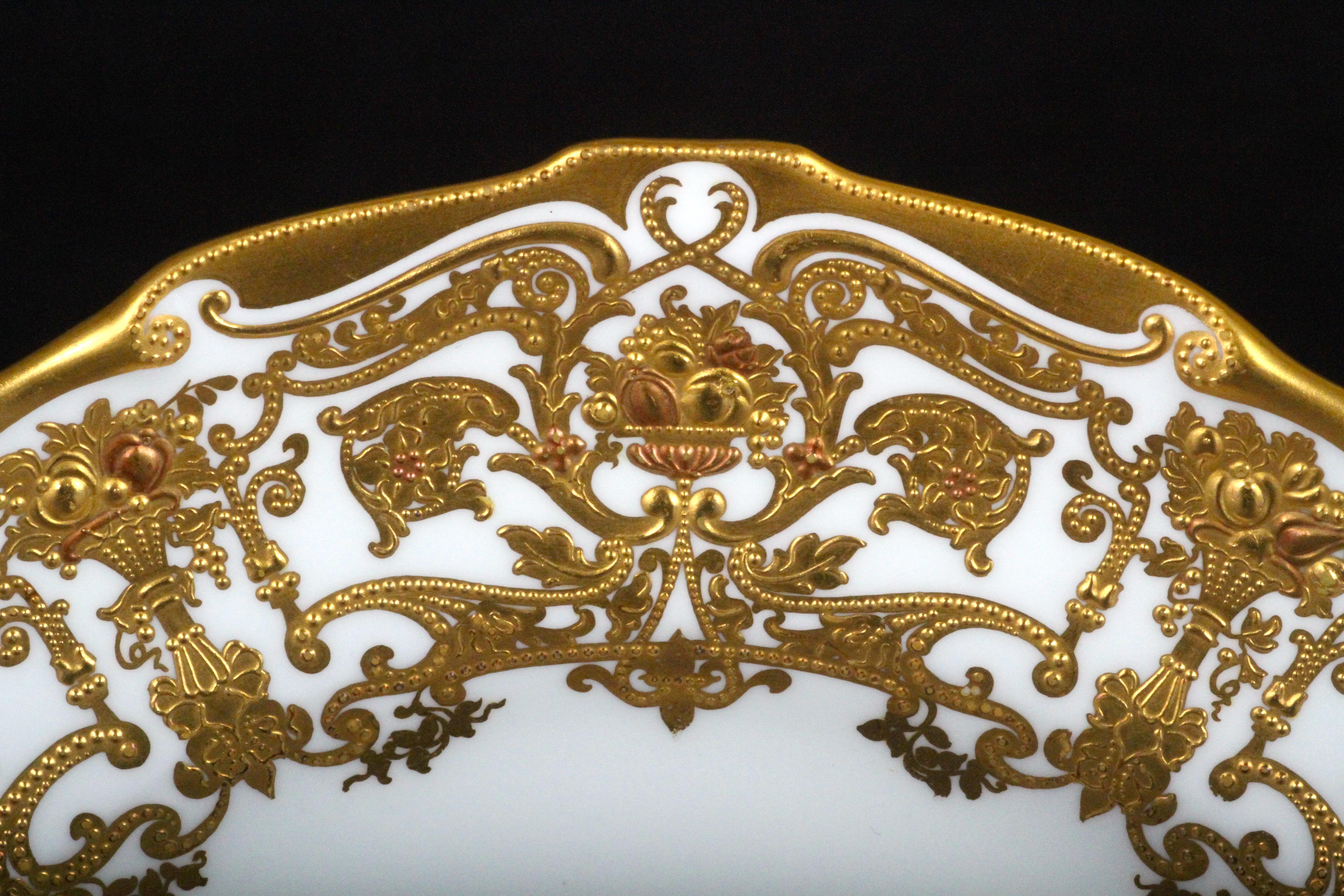 English 12 Derby Salad or Dessert Pates with Elaborate 2-Color Gilding For Sale
