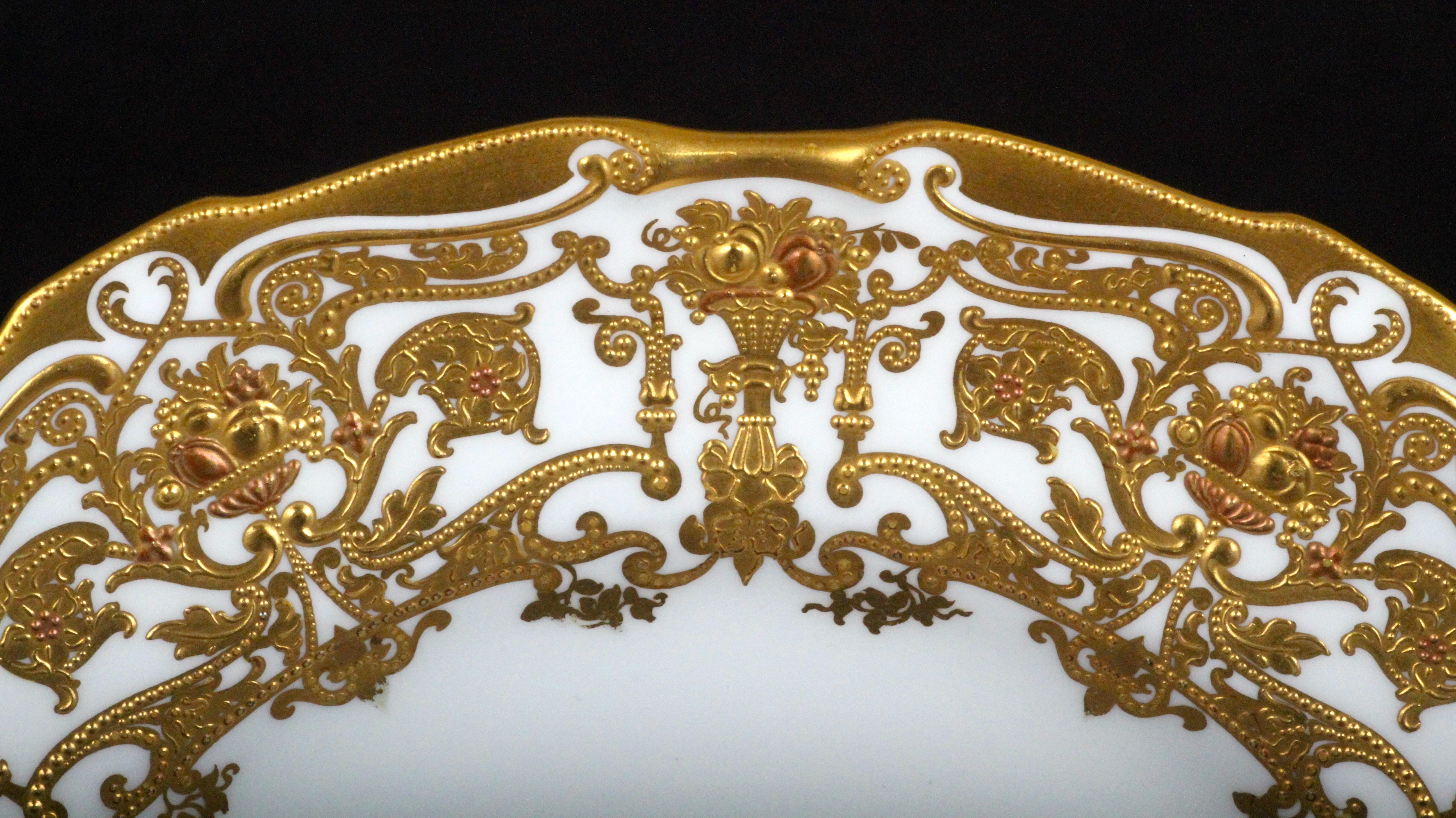 Fired 12 Derby Salad or Dessert Pates with Elaborate 2-Color Gilding For Sale