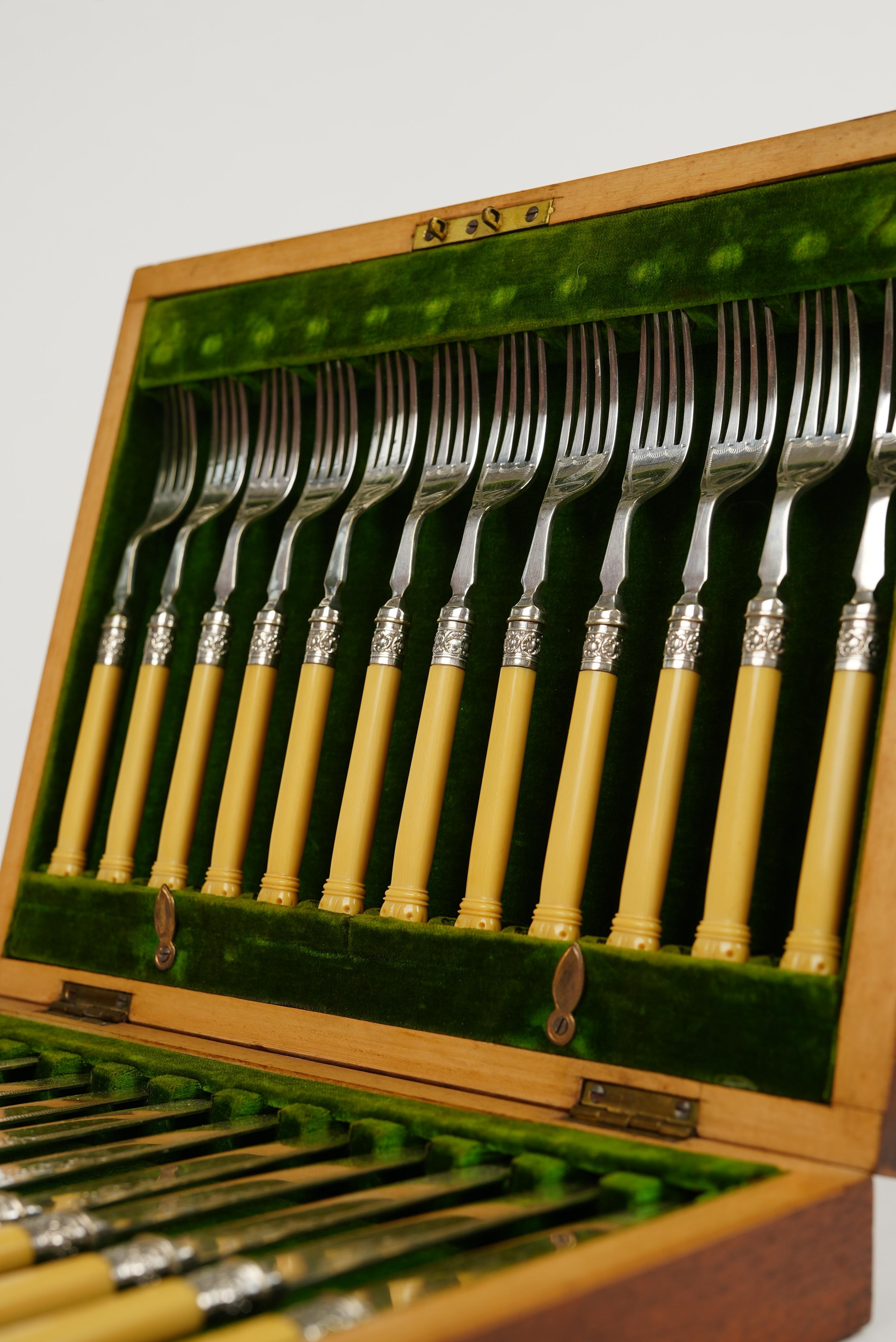 This exquisite antique cutlery set is beautifully presented in a handcrafted wooden storage box. The set includes matching knives and forks, each featuring polished silver-tone blades and tines, complemented by elegant handles with intricate