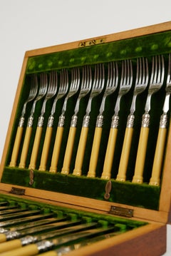12 Dinner Forks & 12 Dinner Knives Silver Plate, Ornate Bone Handles, Circa 1910