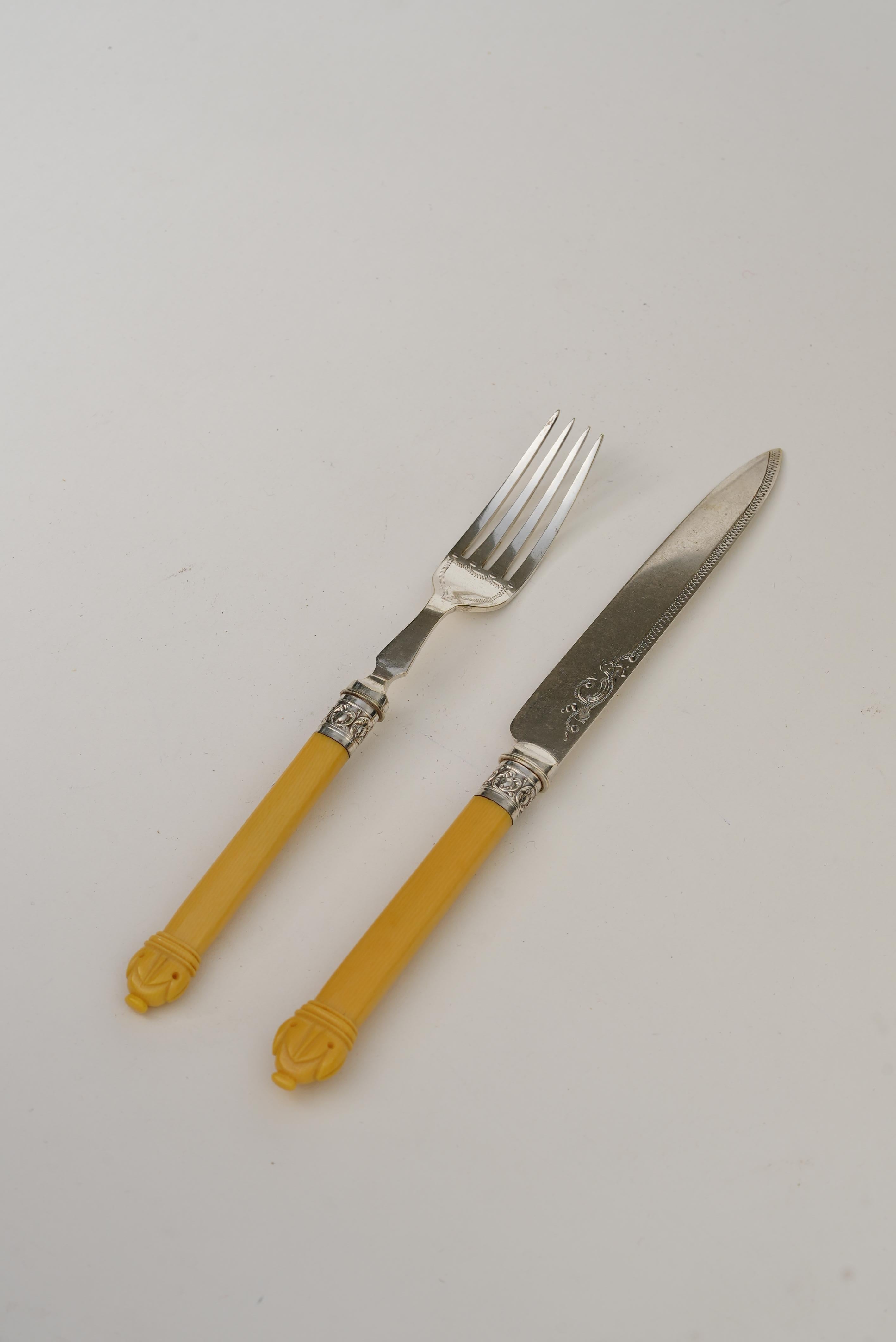 Victorian 12 Dinner Forks & 12 Dinner Knives Silver Plate, Ornate Bone Handles, Circa 1910 For Sale
