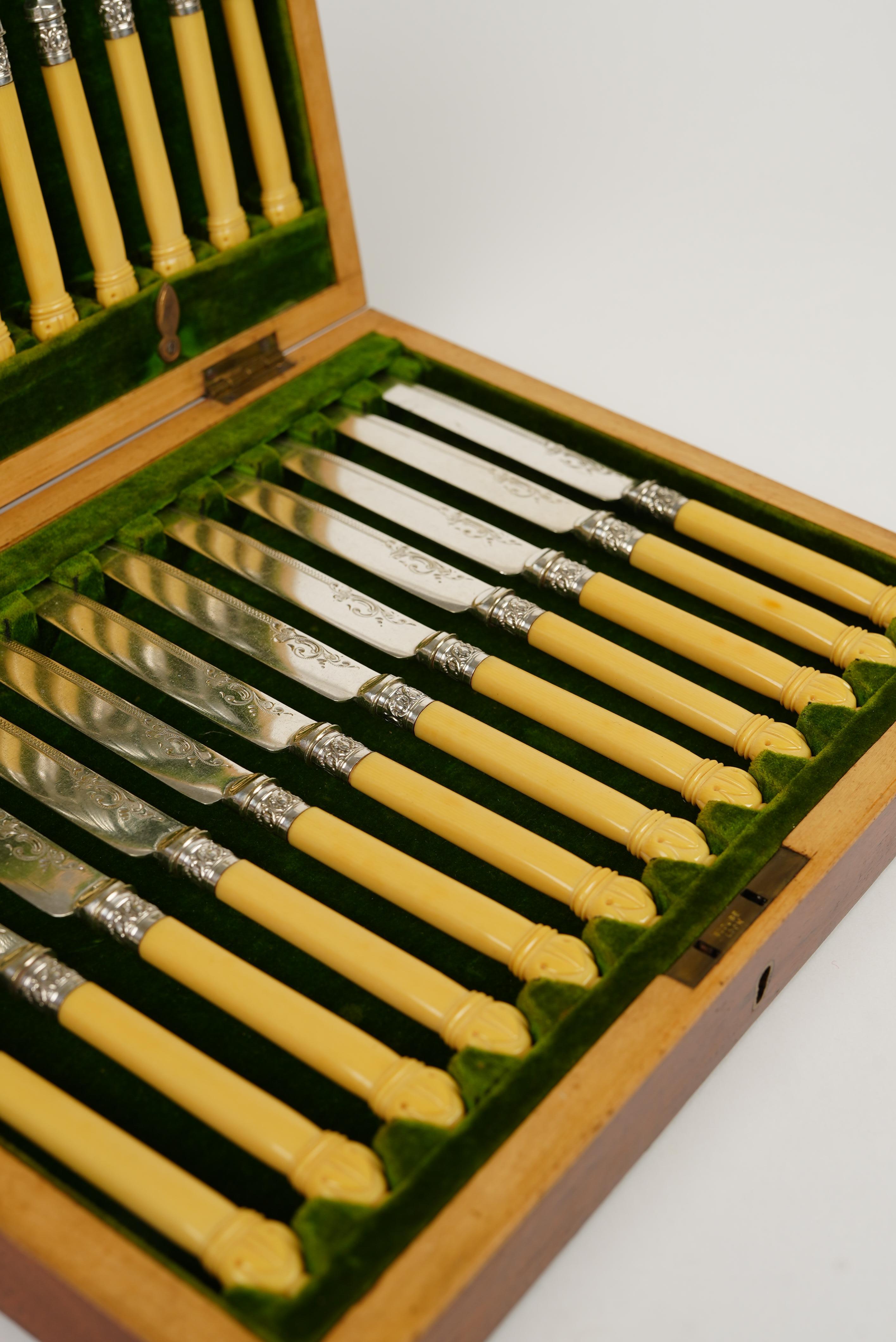 English 12 Dinner Forks & 12 Dinner Knives Silver Plate, Ornate Bone Handles, Circa 1910 For Sale