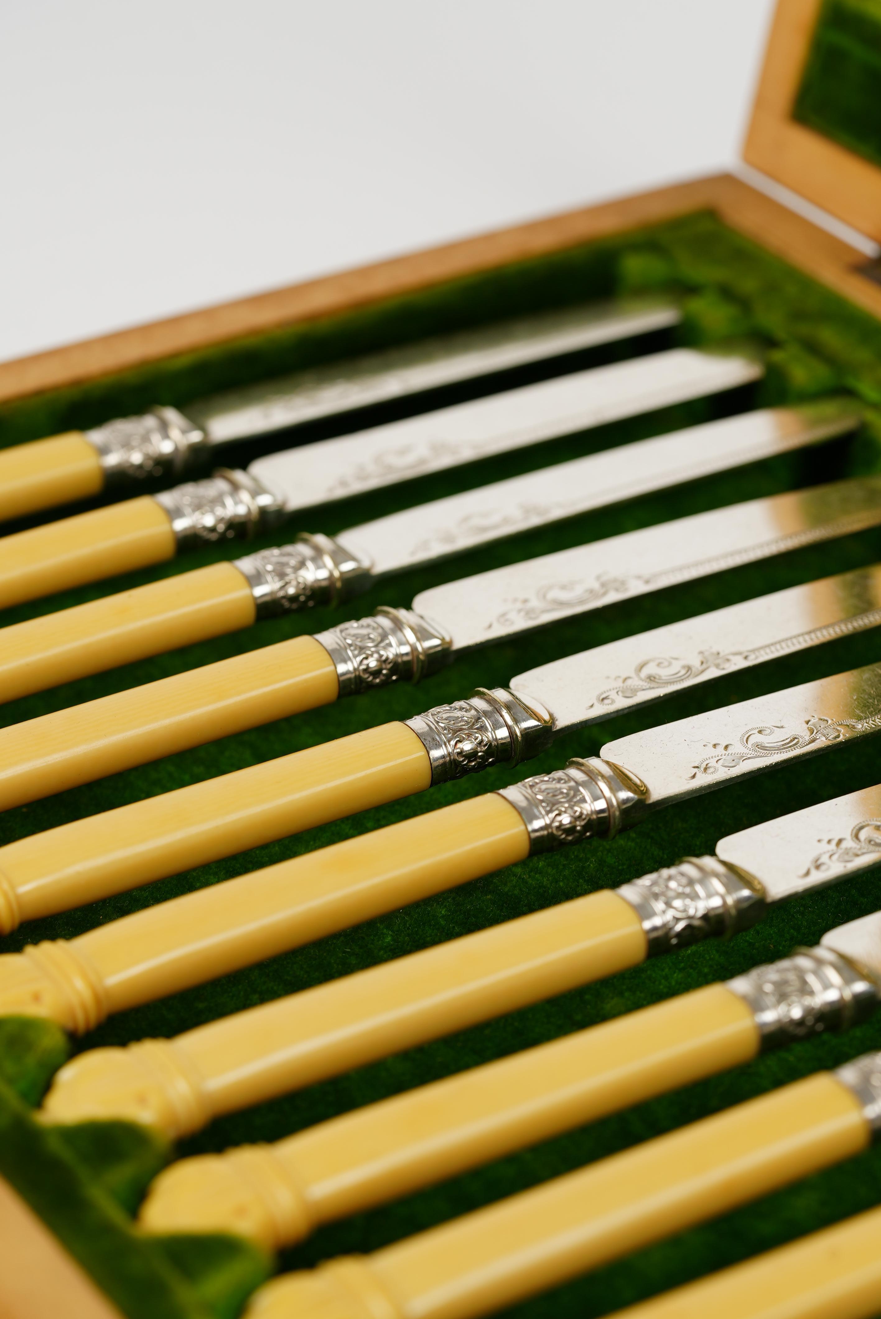 12 Dinner Forks & 12 Dinner Knives Silver Plate, Ornate Bone Handles, Circa 1910 In Good Condition For Sale In Worcester Park, GB