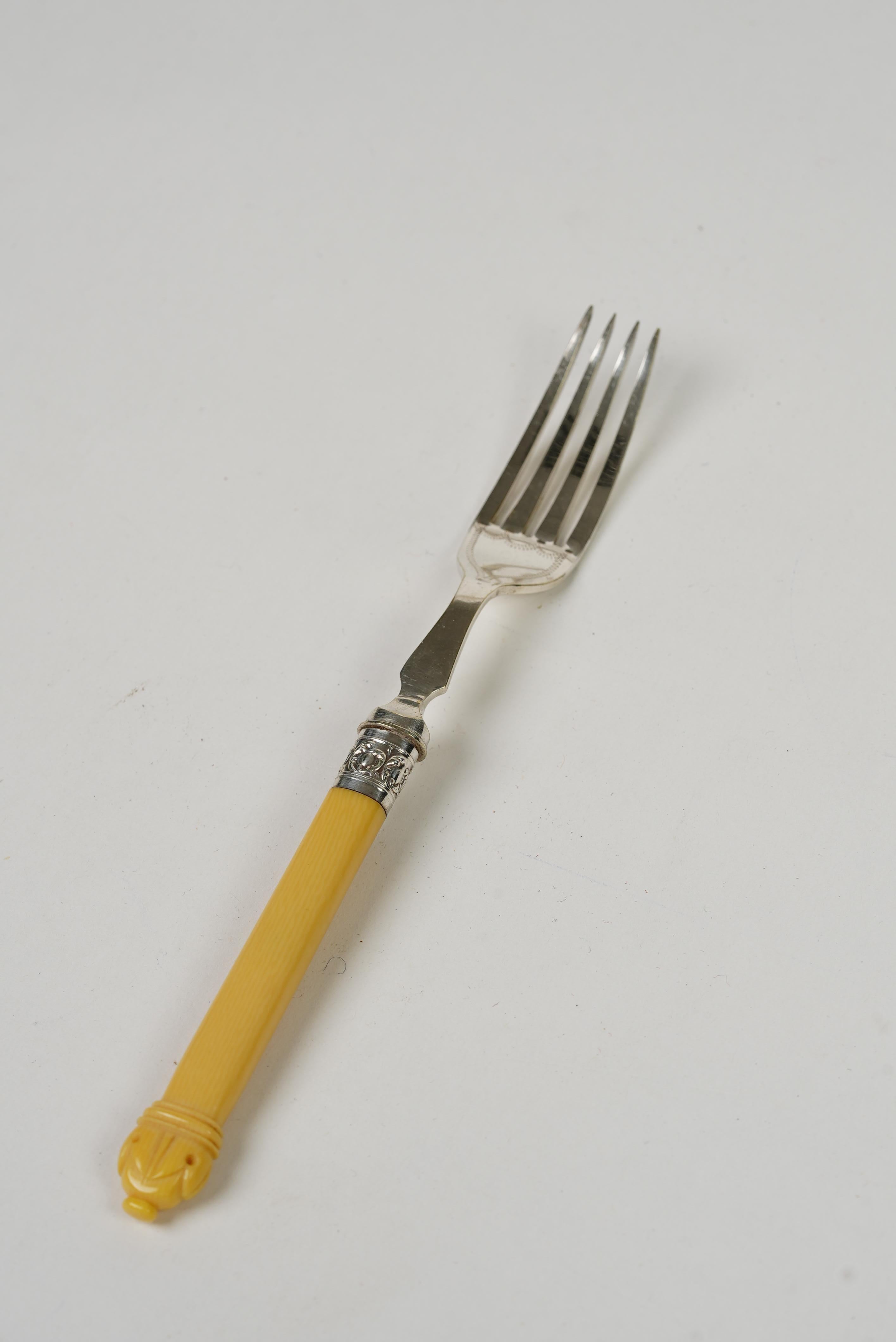 Early 20th Century 12 Dinner Forks & 12 Dinner Knives Silver Plate, Ornate Bone Handles, Circa 1910 For Sale