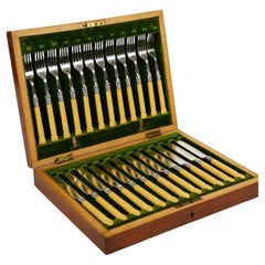 12 Dinner Forks & 12 Dinner Knives Silver Plate, Ornate Bone Handles, Circa 1910