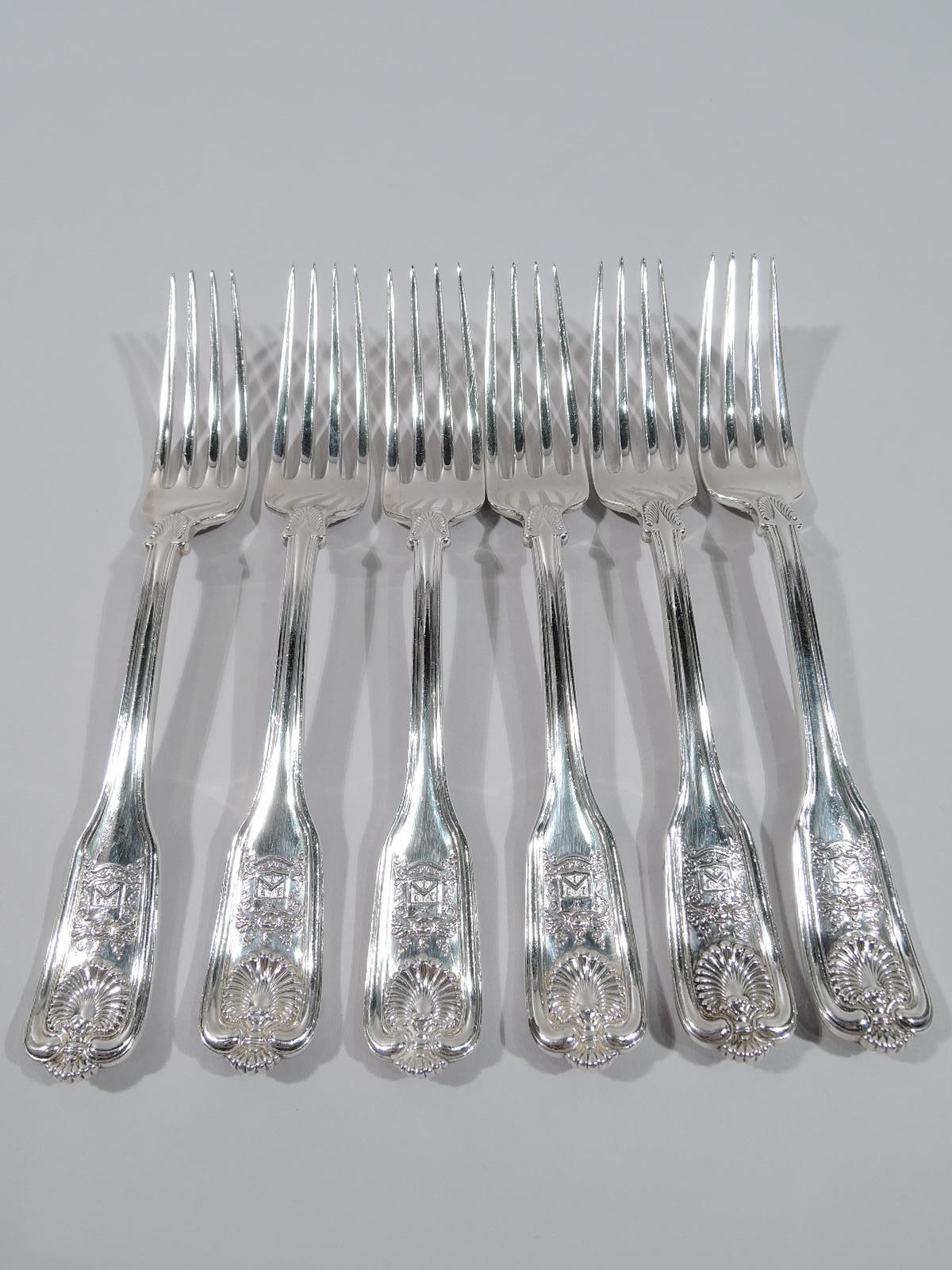 Twelve sterling silver dinner forks. Made by Tiffany & Co. in New York, circa 1886.

John Carter Brown (1797-1874) of Rhode Island was a noted book collector. In the decade after his death his widow commissioned from Tiffany a custom flatware