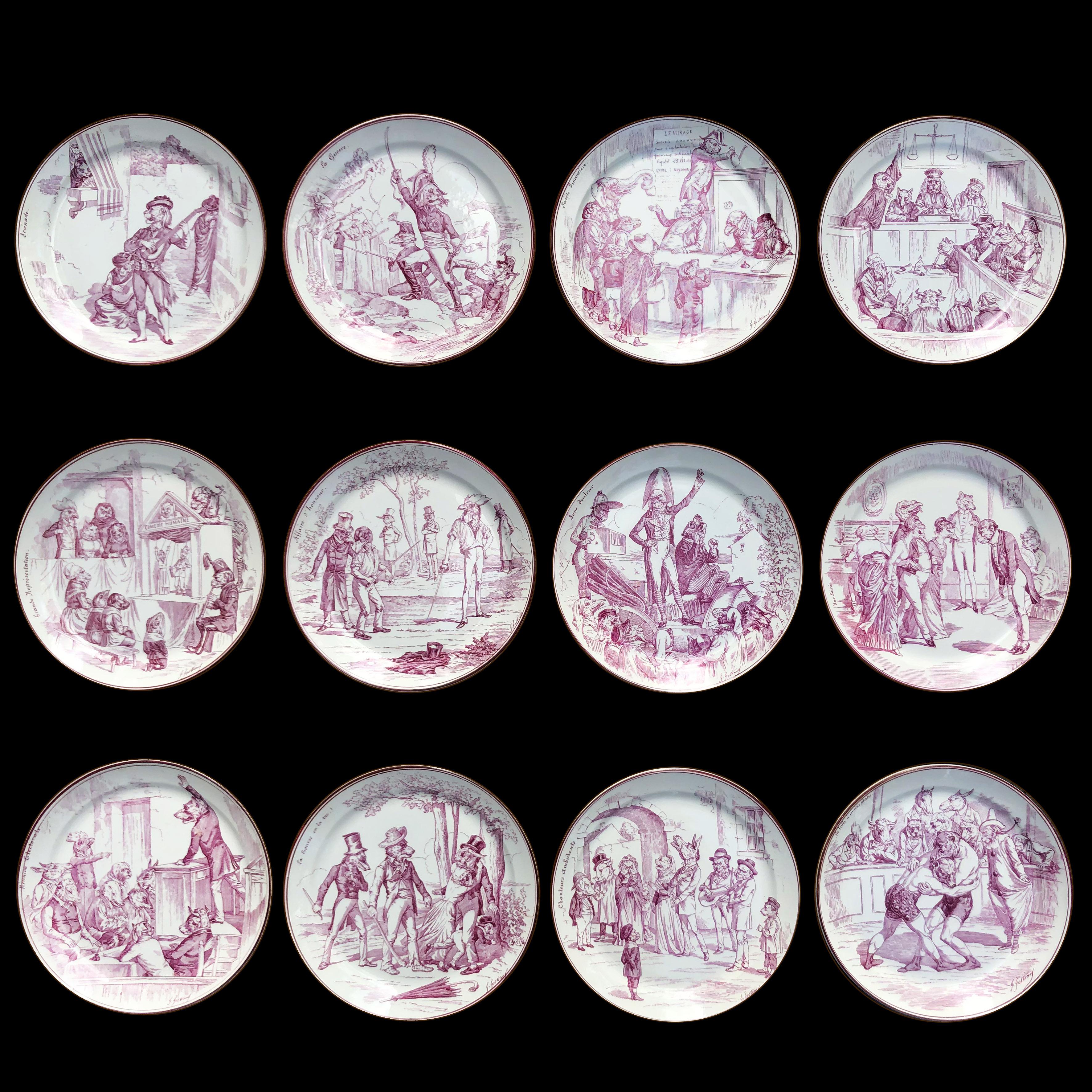 Very rare set of 12 earthenware illustrated plates with ivory background decorated with pink fuchsia designed personified animals realizing various activities and a sepia orange filet on the rim.
Size: Diameter of each plate 21.5 cm 

List of the