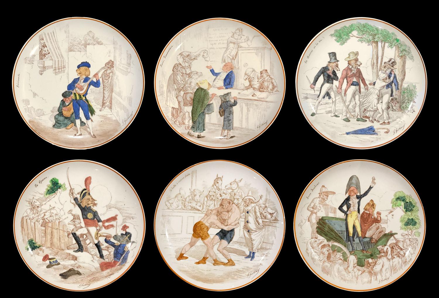 French 12 Dinner Plates Animals in Creil & Montereau Faience, Late 19th Century