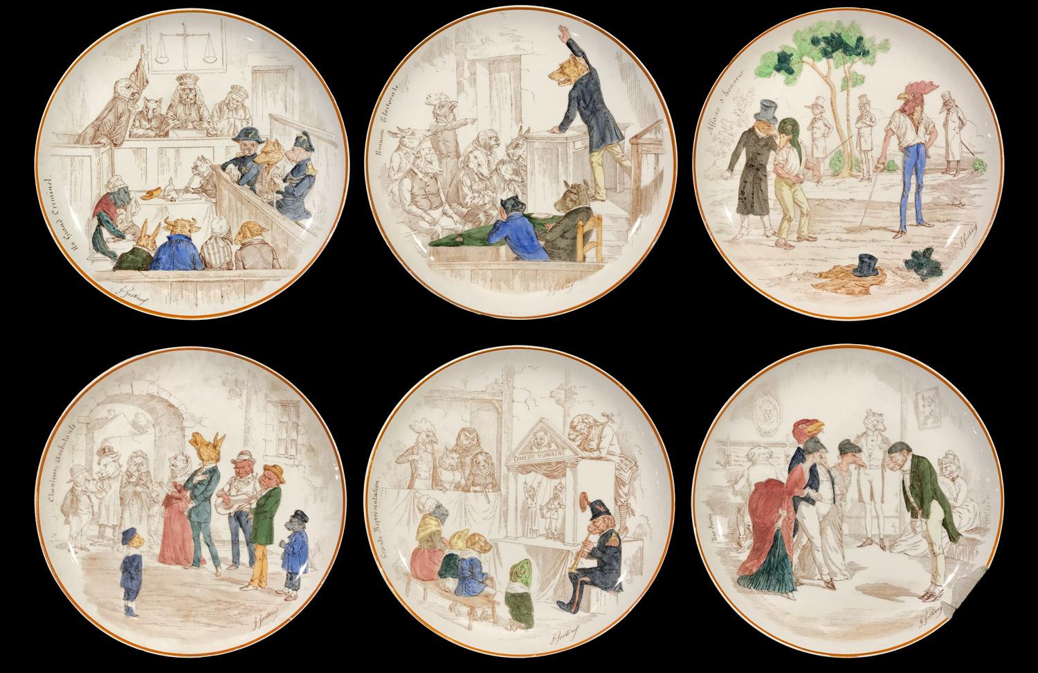 Hand-Painted 12 Dinner Plates Animals in Creil & Montereau Faience, Late 19th Century