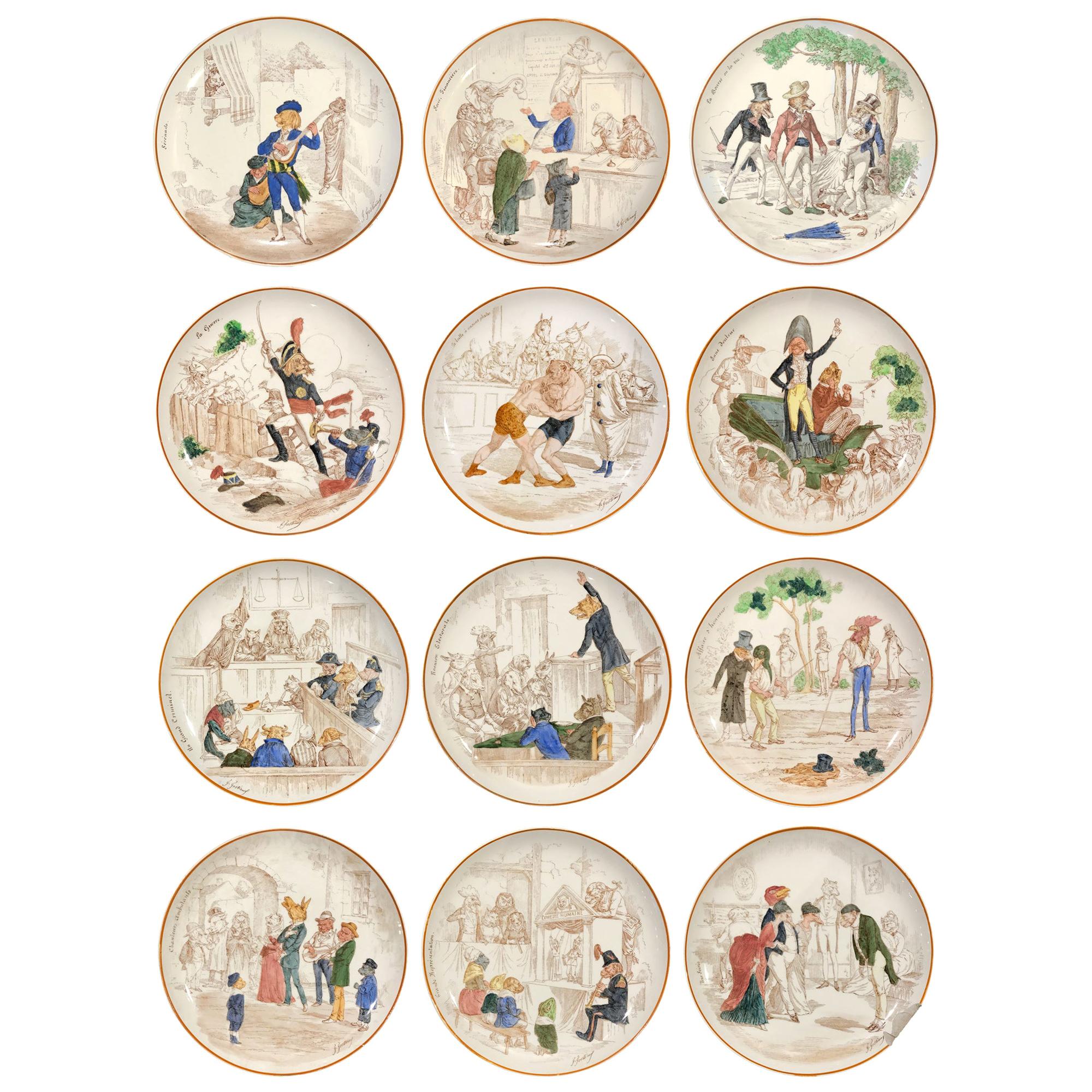 Very rare set of 12 earthenware illustrated plates with beige background decorated with polychrome personified animals realizing various activities captioned in the lip in sepia tones and an orange filet on the rim.
Size: Diameter of each plate