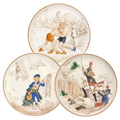 Antique 12 Dinner Plates Animals in Creil & Montereau Faience, Late 19th Century