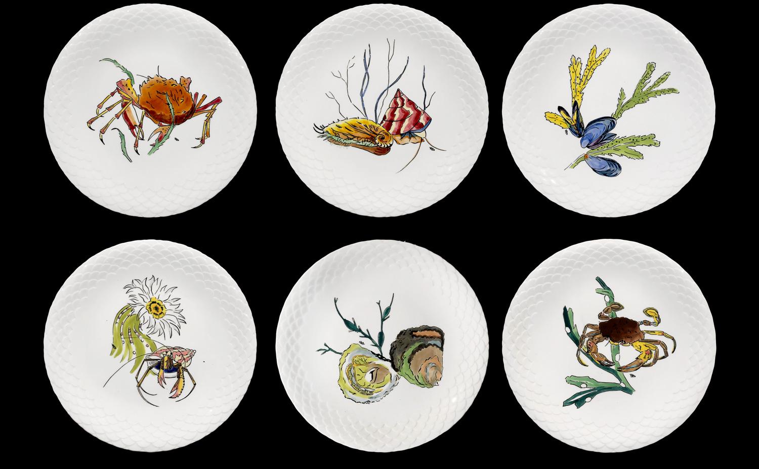 Hand-Painted 12 Dinner Plates Shellfishes