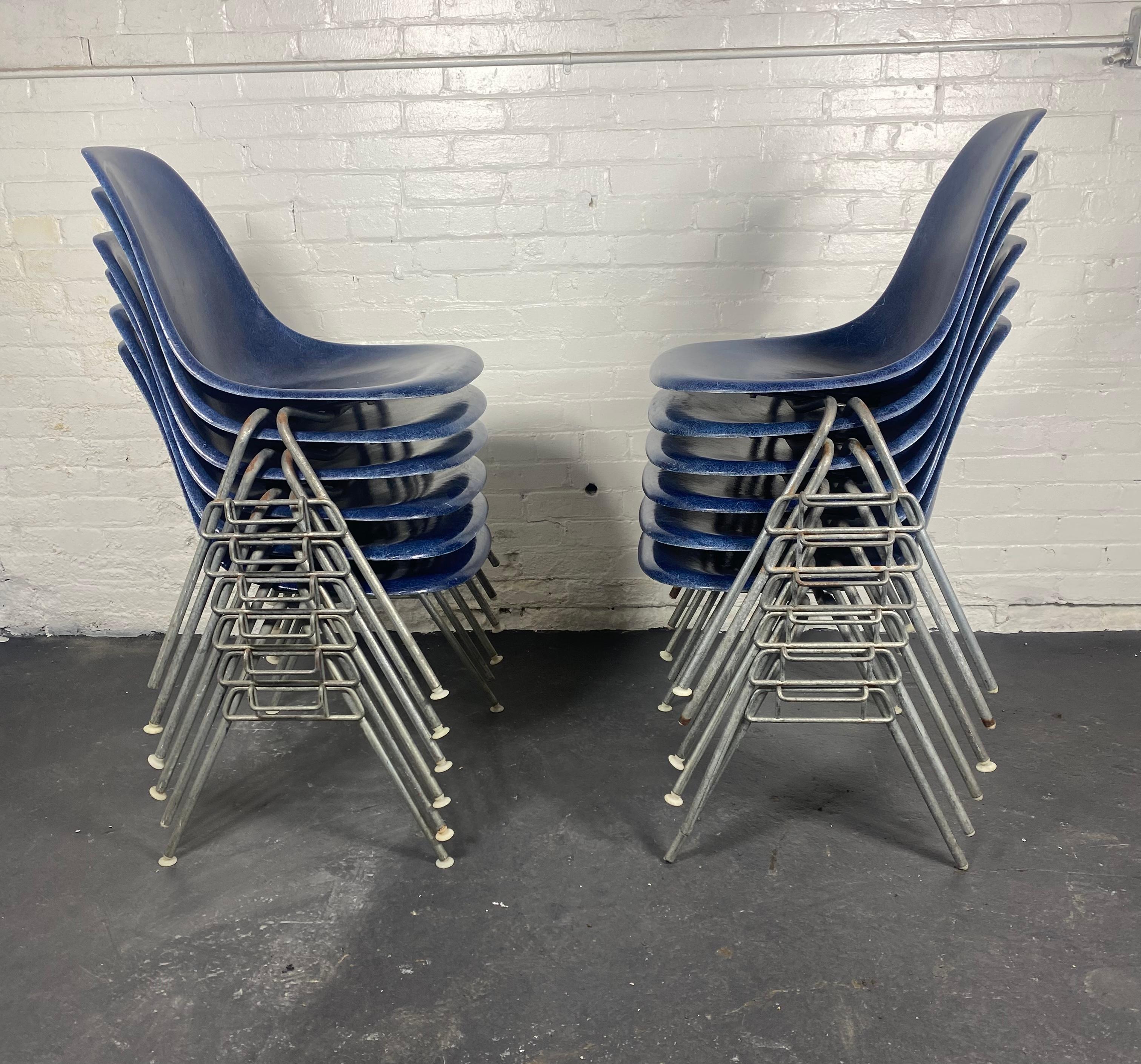 Metal 12 DSS Stacking Chairs Charles & Ray Eames Herman Miller, Blue Fiberglass, 1960s For Sale