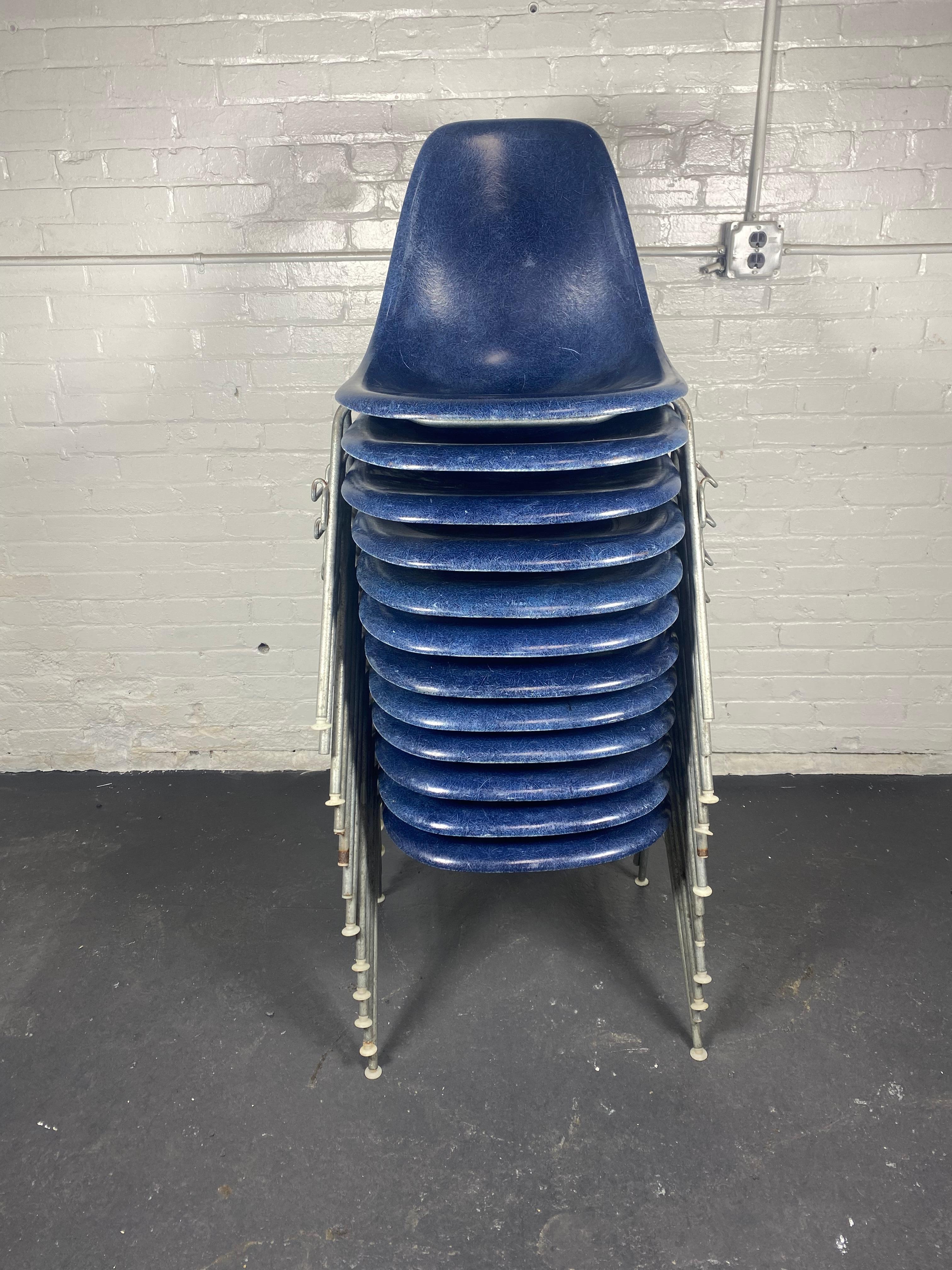 Metal 12 DSS Stacking Chairs Charles & Ray Eames Herman Miller, Blue Fiberglass, 1960s For Sale