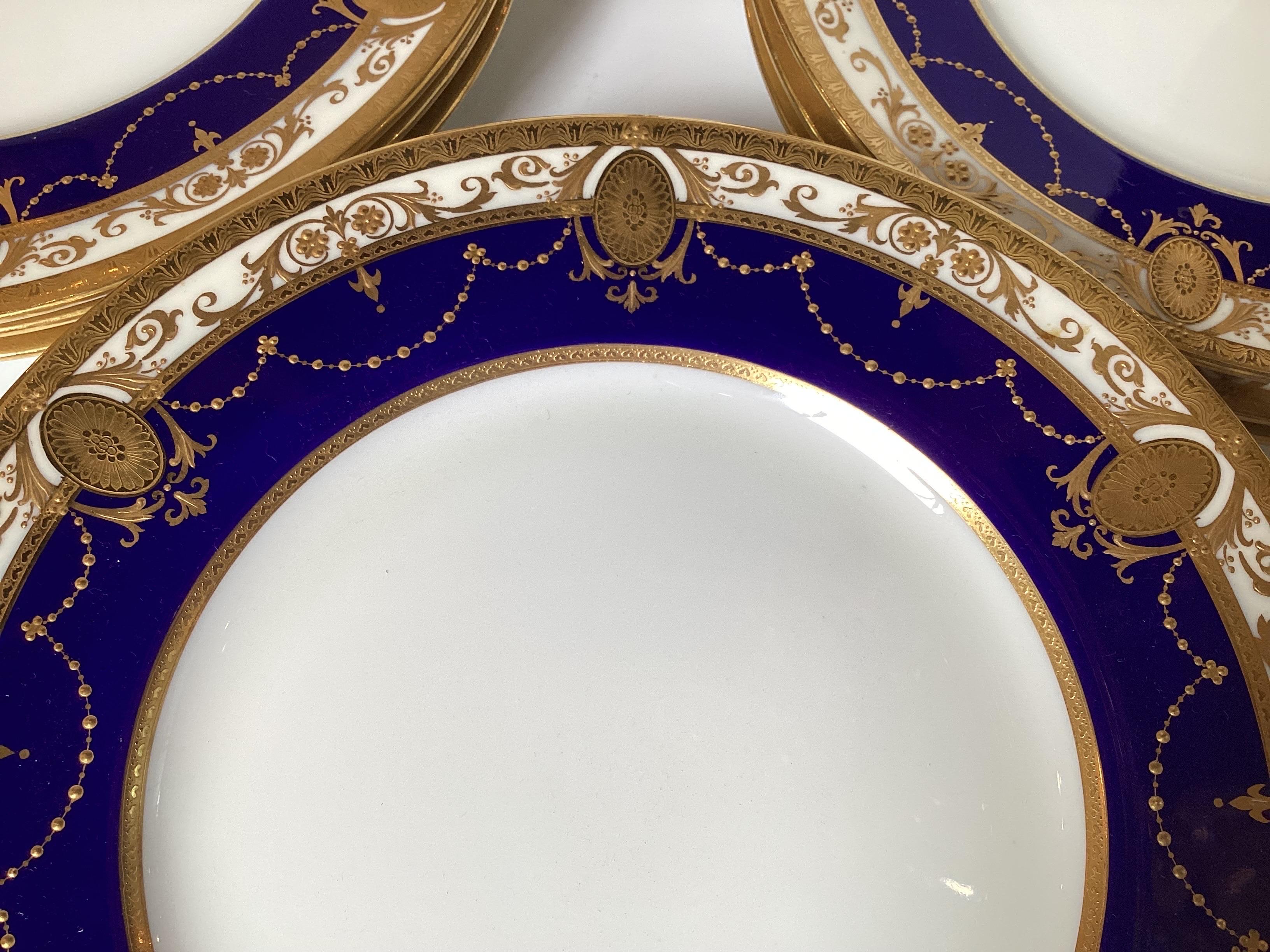 English 12 Edwardian Raised Cobalt and Gilt Dinner Plates By Minton England, Circa 1905
