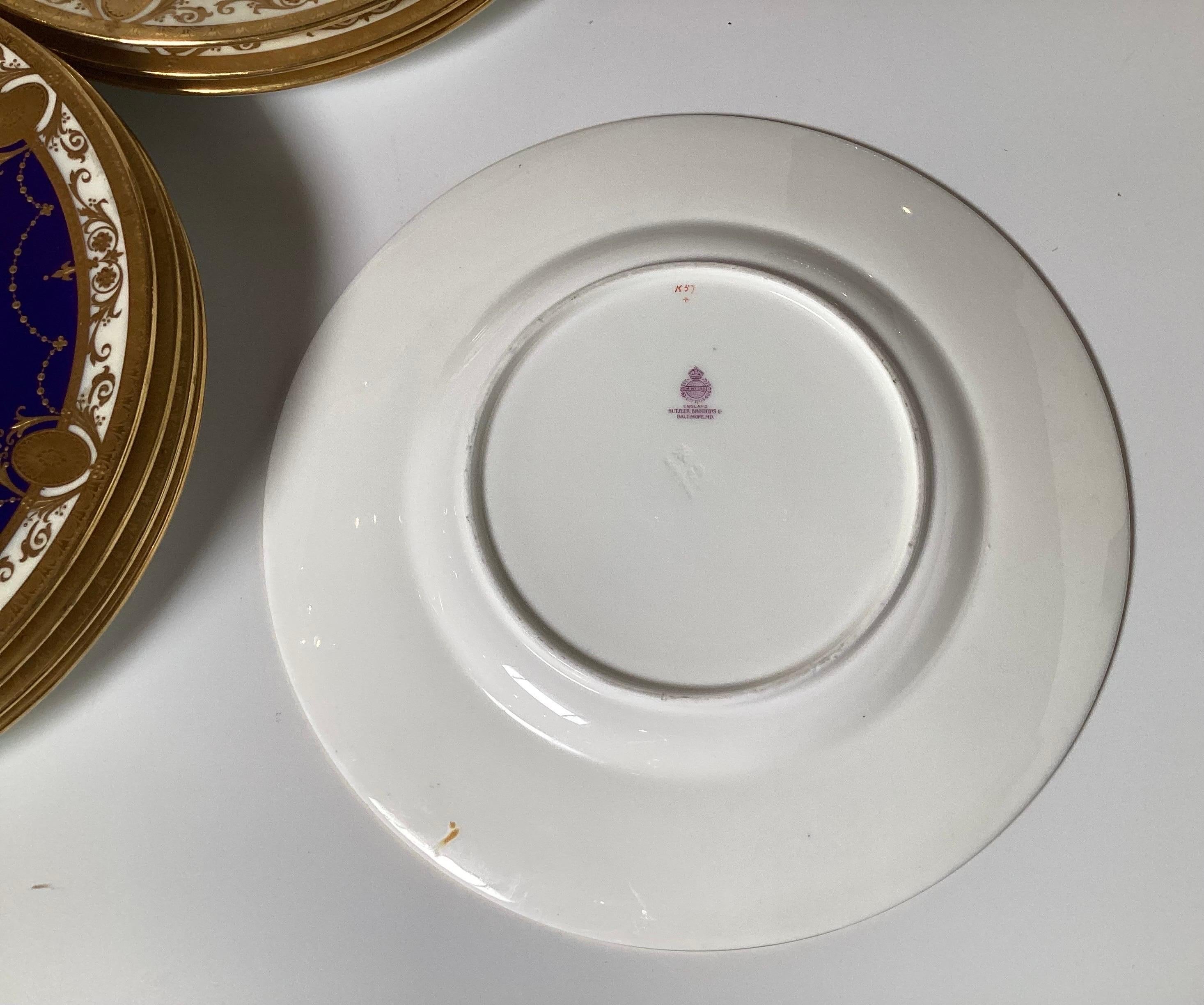 Porcelain 12 Edwardian Raised Cobalt and Gilt Dinner Plates By Minton England, Circa 1905