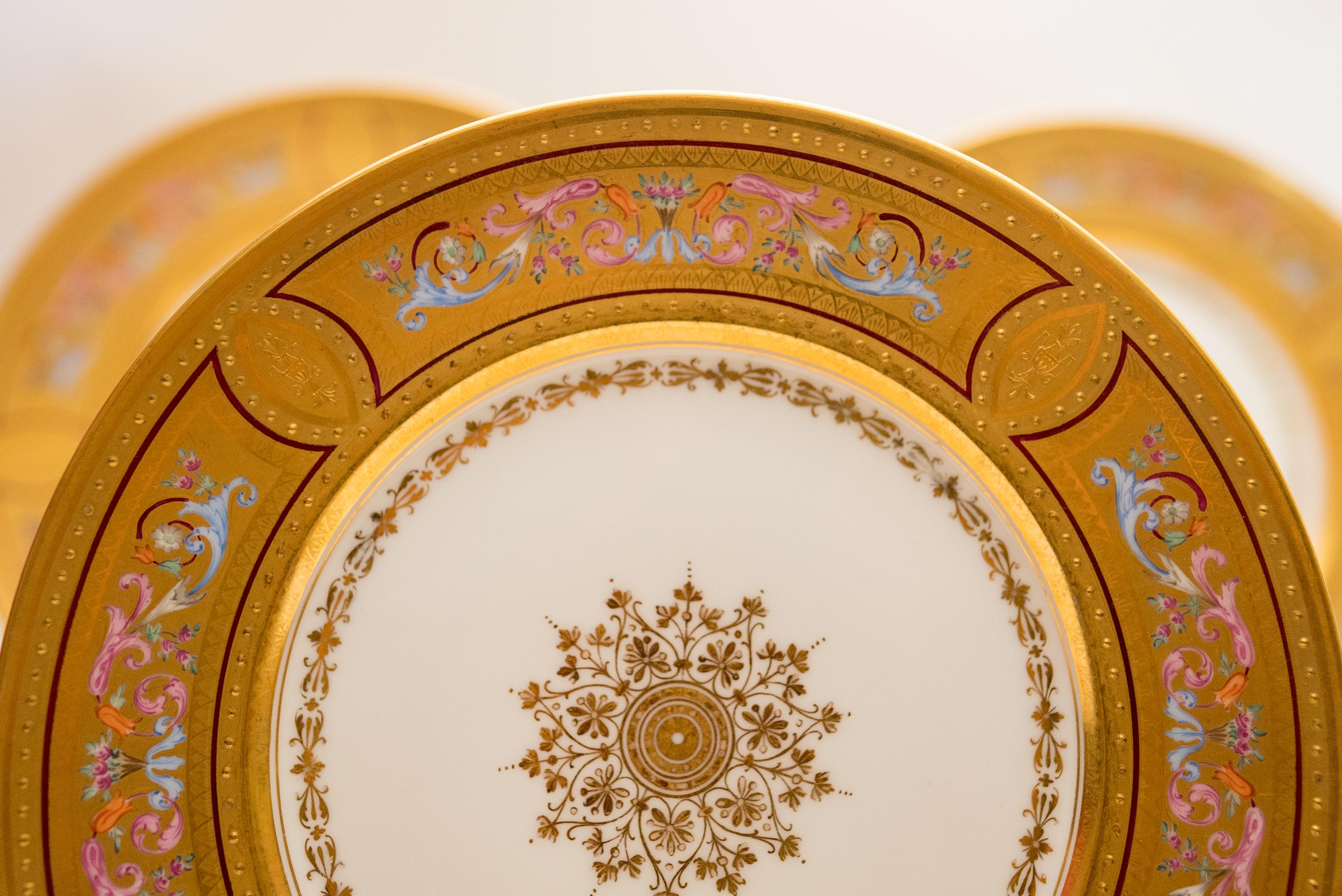 Austrian 12 Elaborate Multi Color & Gilt Encrusted Antique Dessert Plates, Royal Vienna