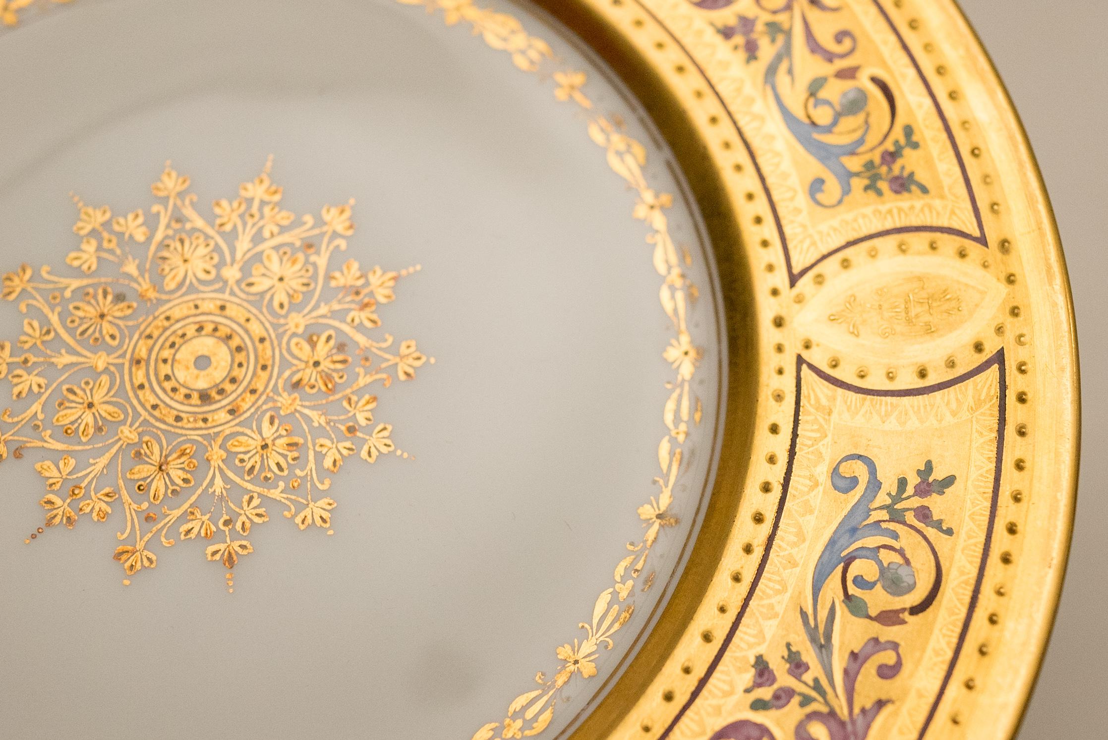 Hand-Crafted 12 Elaborate Multi Color & Gilt Encrusted Antique Dessert Plates, Royal Vienna