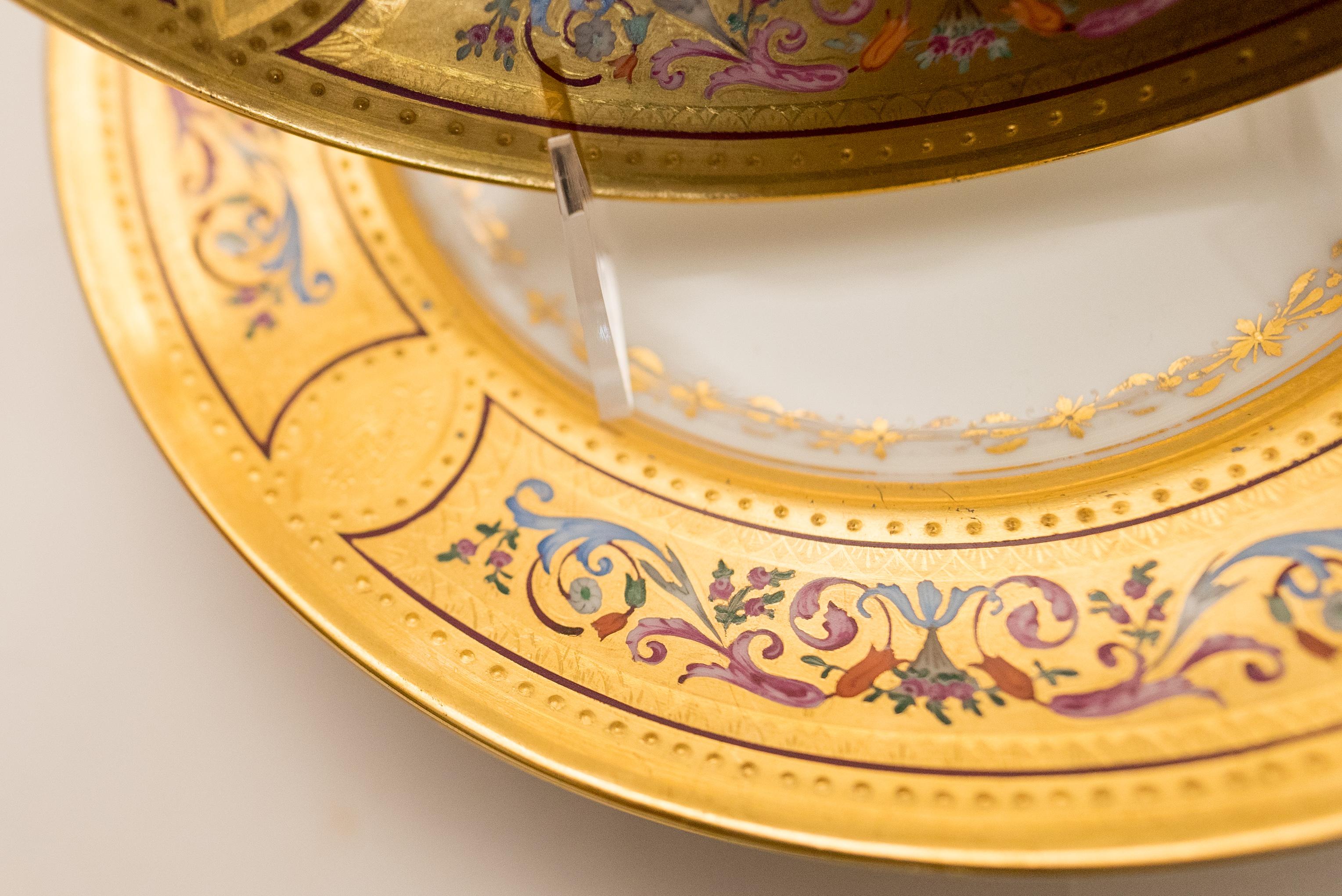 Late 19th Century 12 Elaborate Multi Color & Gilt Encrusted Antique Dessert Plates, Royal Vienna