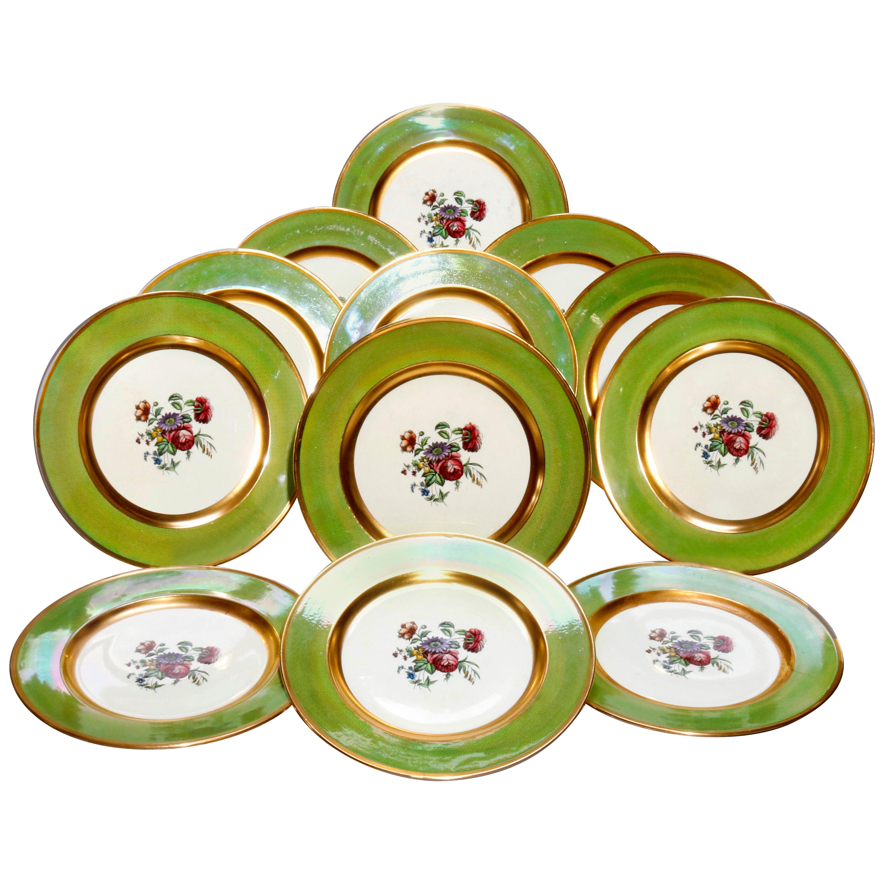 12 English Cauldon Floral and Gilt Trimmed Porcelain Dinner Plates, circa 1920